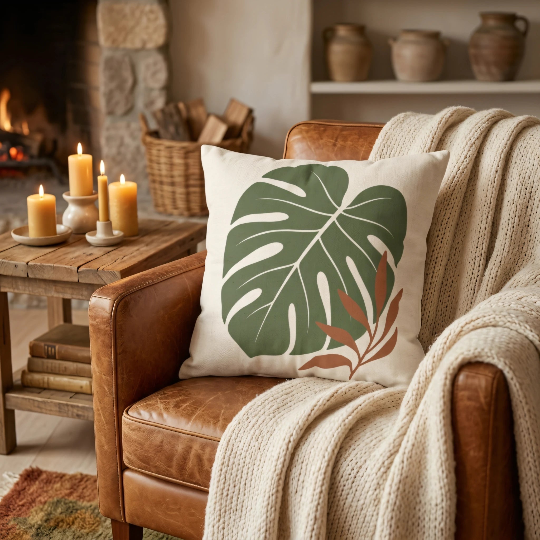 Monstera leaf pattern decorative cushion on a leather armchair with a knit throw, set in a cozy living room with candles and a fireplace.