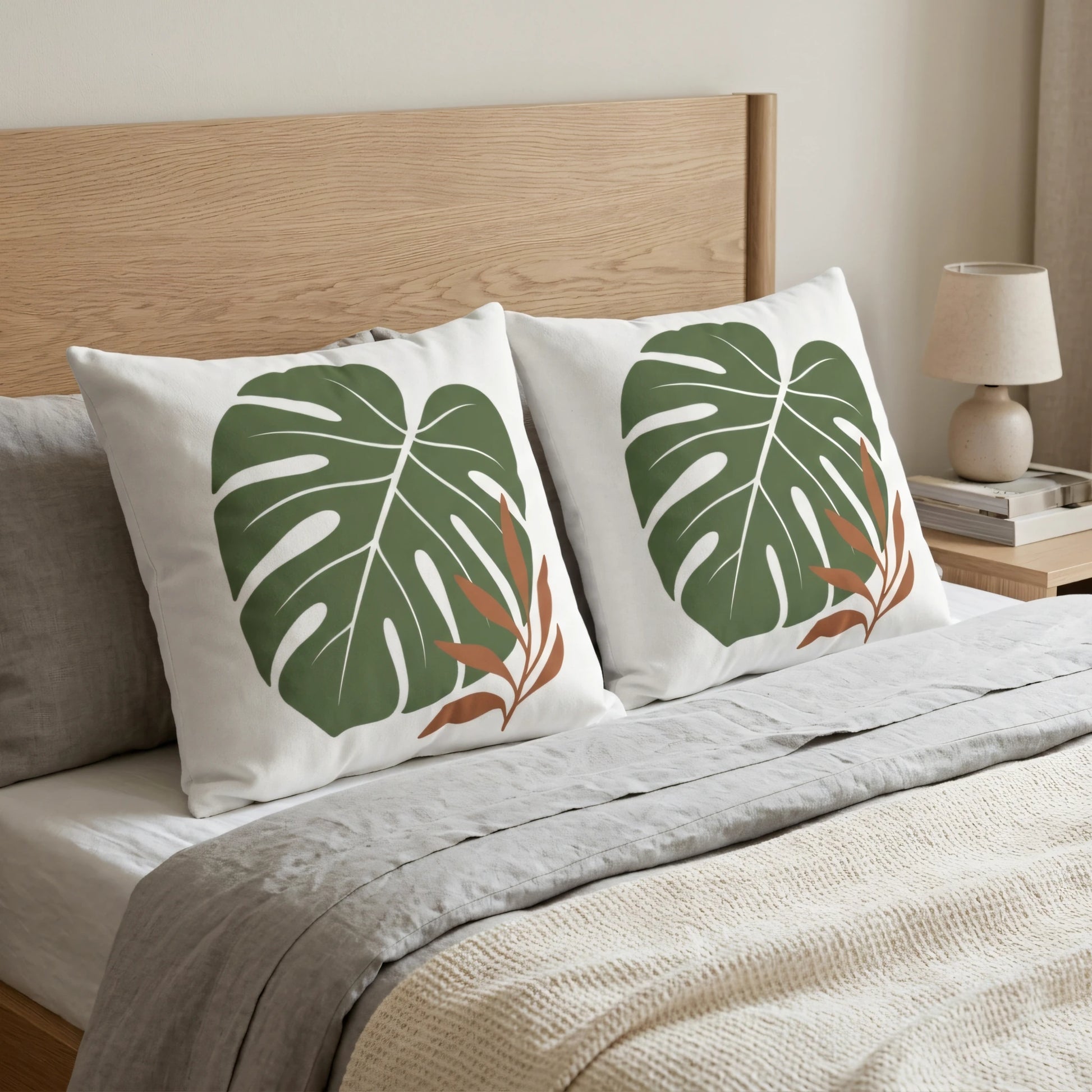 Pair of white decorative pillows with green monstera leaf designs on a cozy bed with grey linens, a wooden headboard, and a bedside lamp.