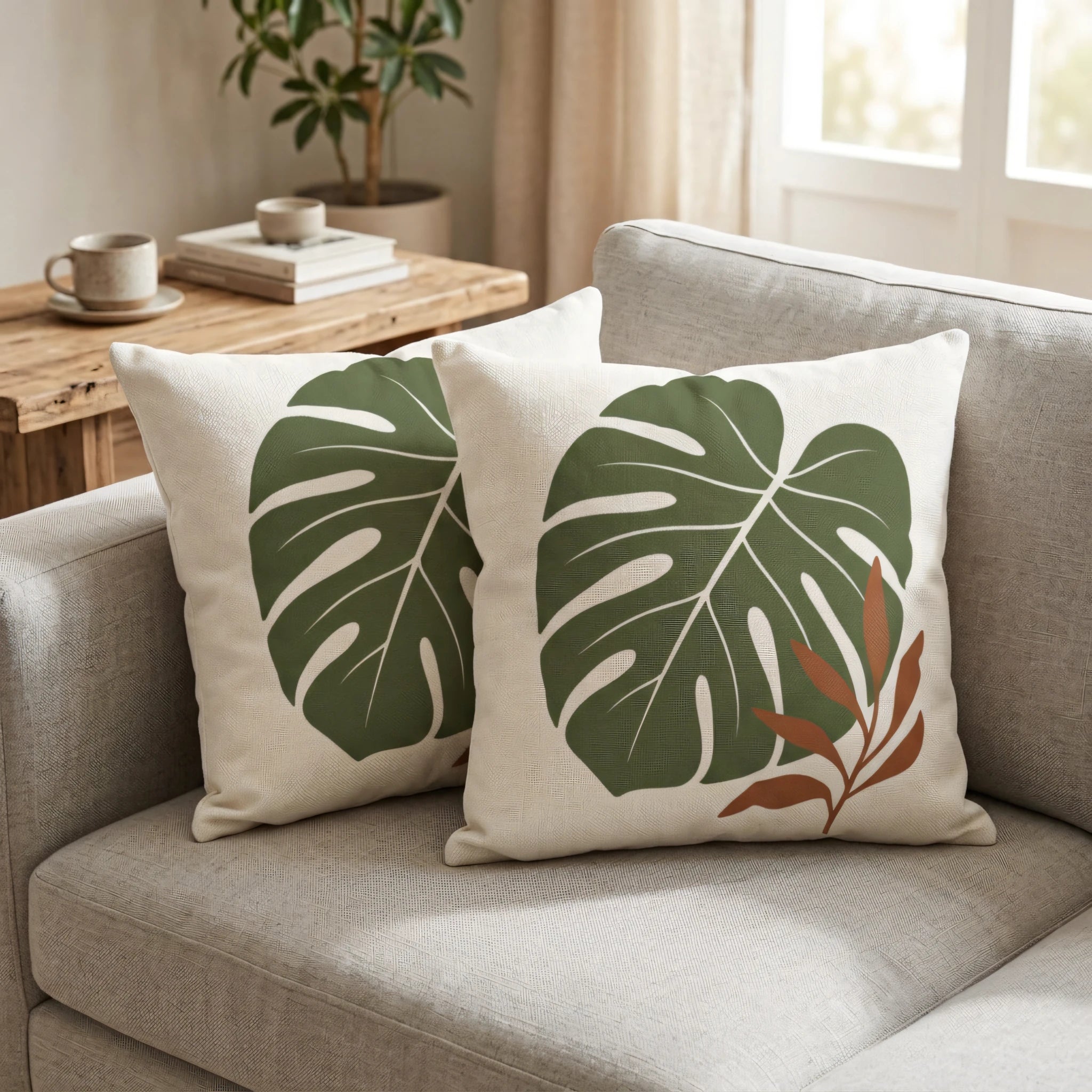 Two decorative cushions with green monstera leaf designs on a gray sofa in a bright, modern living room interior.