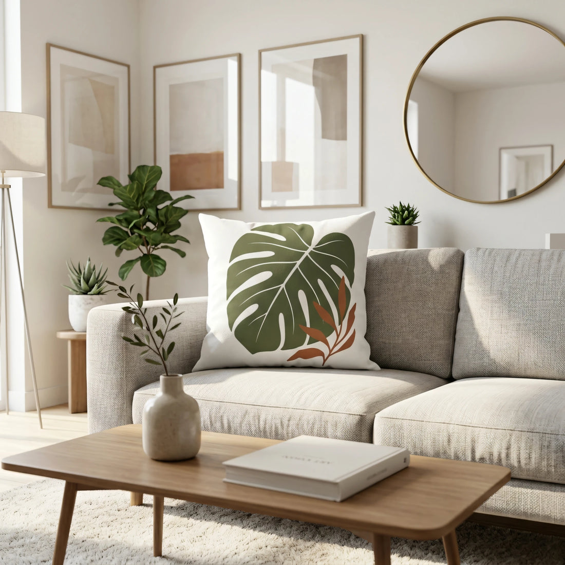 Botanical monstera leaf pillow in green and terracotta, styled on a beige couch in a modern living room with minimalist decor and indoor plants.