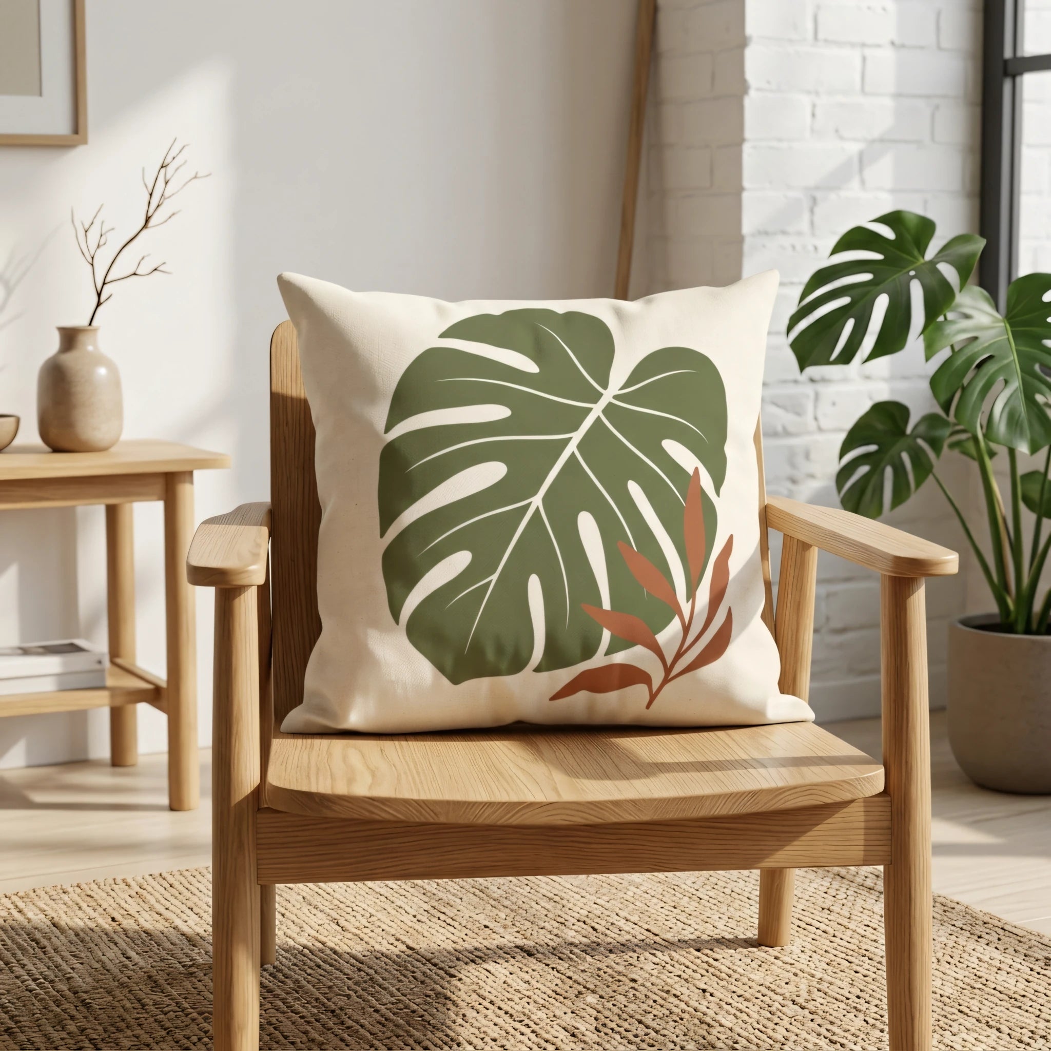 Decorative throw pillow with a green Monstera leaf design on a wooden chair in a minimalist interior with a jute rug and potted plant.