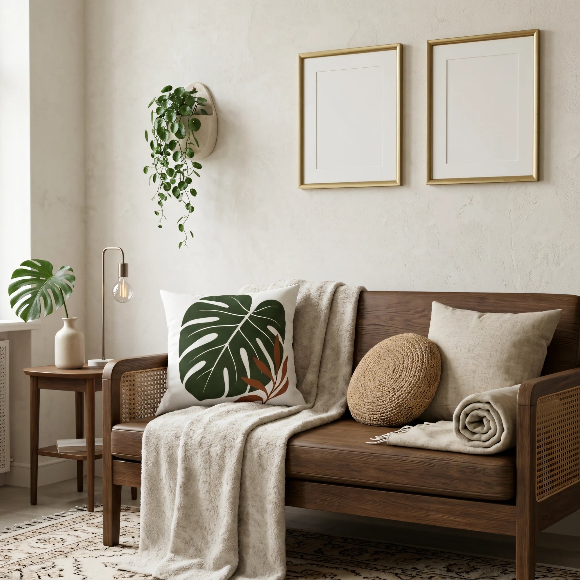 Tropical monstera leaf cushion on a wooden sofa in a cozy bohemian living room with neutral pillows and lush indoor plants.
