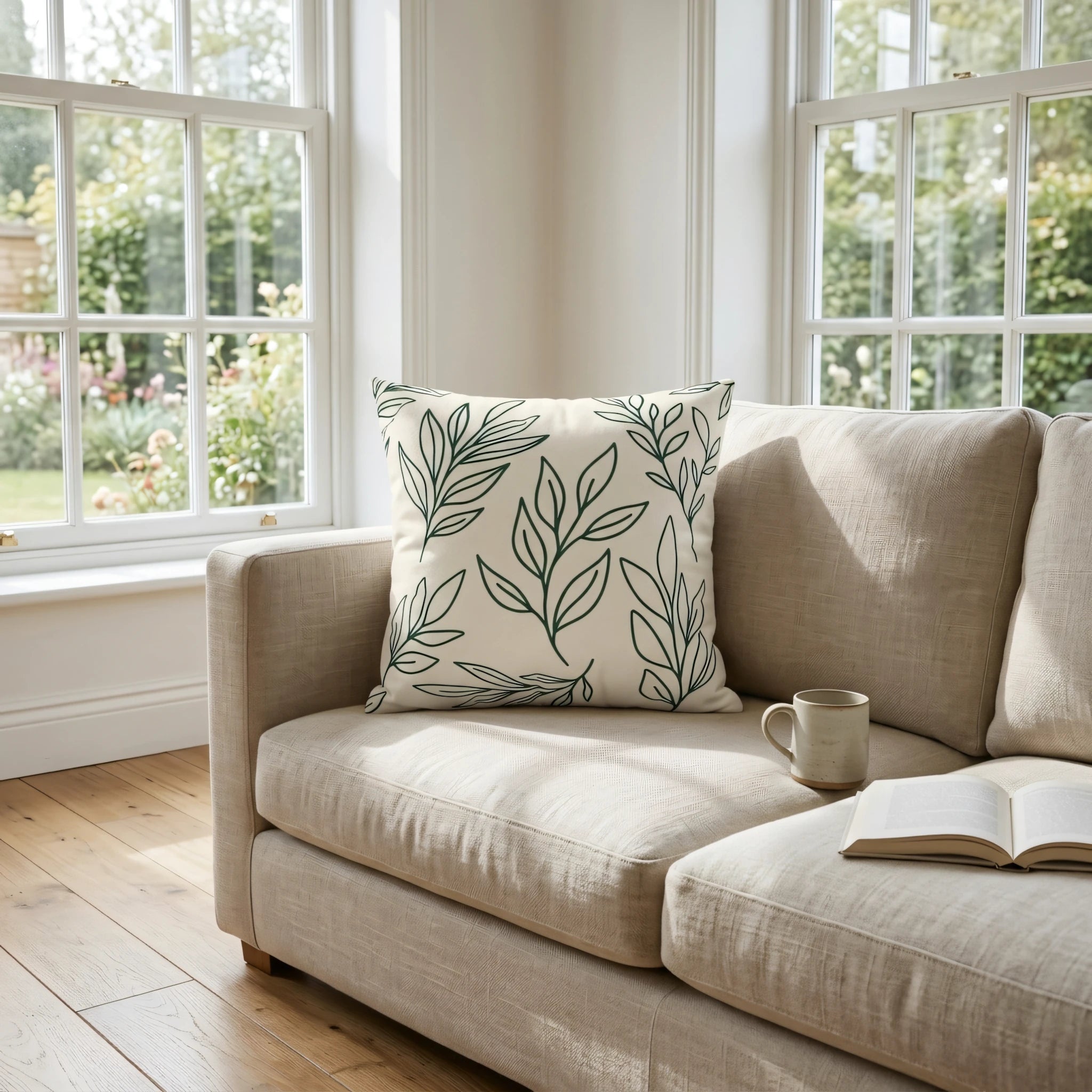 Botanical green leaf throw pillow on a beige sofa in a bright, airy living room with large windows, an open book, and a ceramic mug.
