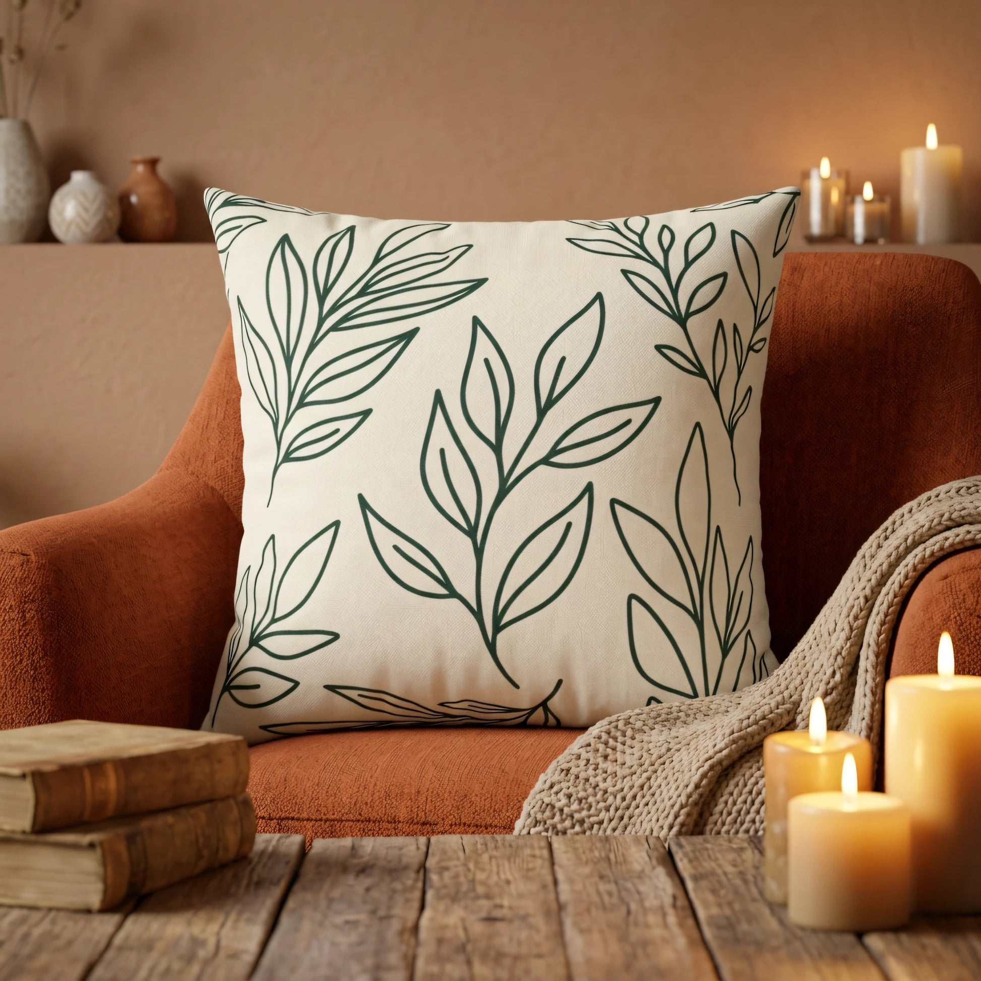 Cream cushion with forest green leaf line art on a terracotta armchair, styled with lit candles and vintage books for a cozy home aesthetic.