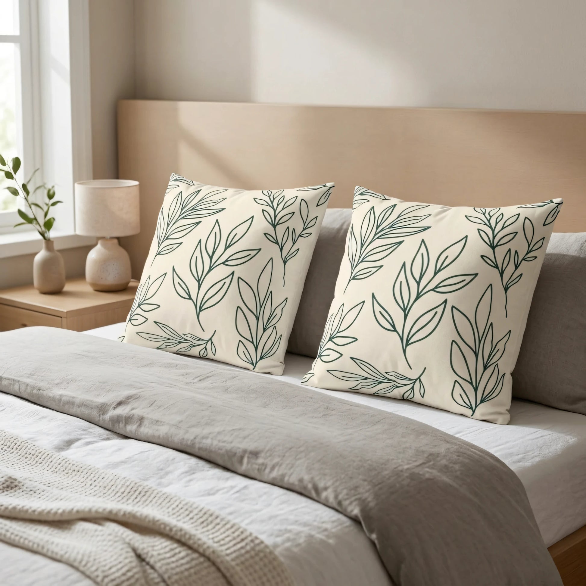 Two cream cushions with green botanical leaf patterns on a bed in a minimalist bedroom lifestyle scene with neutral linens and a wooden headboard.