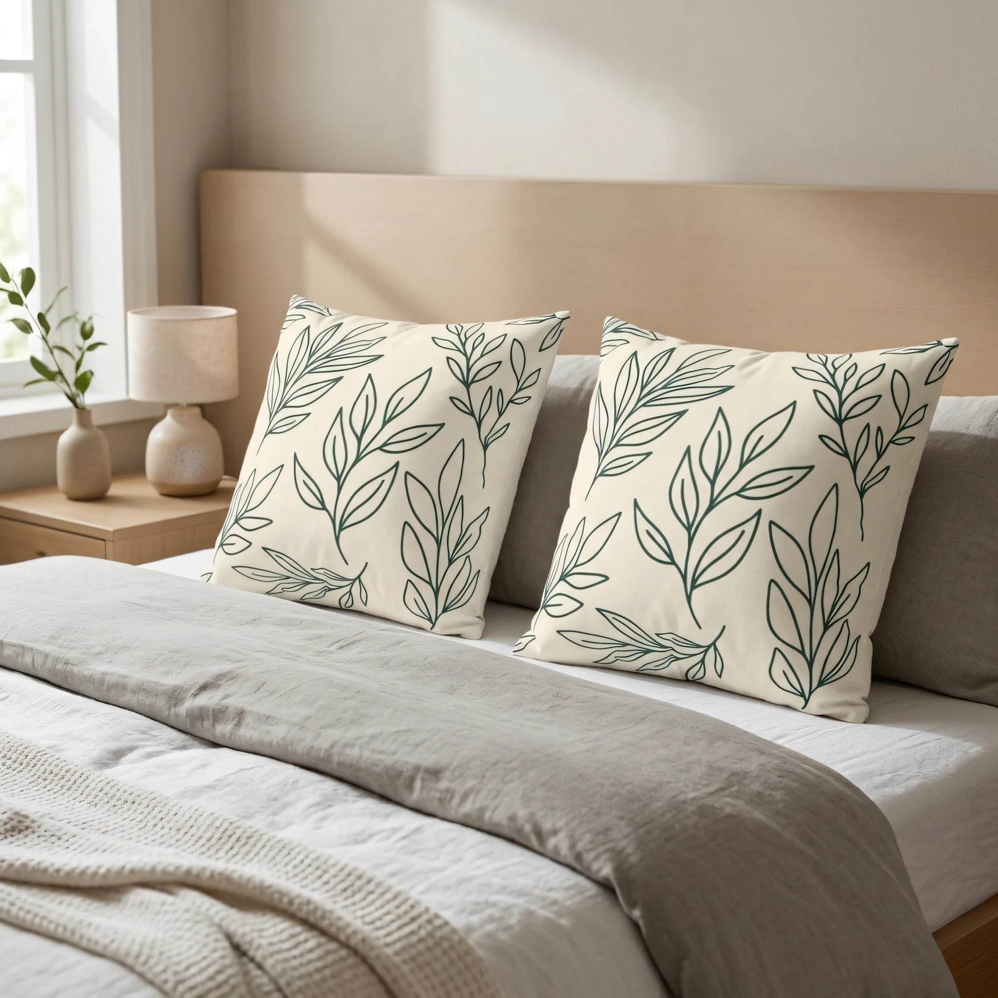 Two cream cushions with green botanical leaf patterns on a bed in a minimalist bedroom lifestyle scene with neutral linens and a wooden headboard.