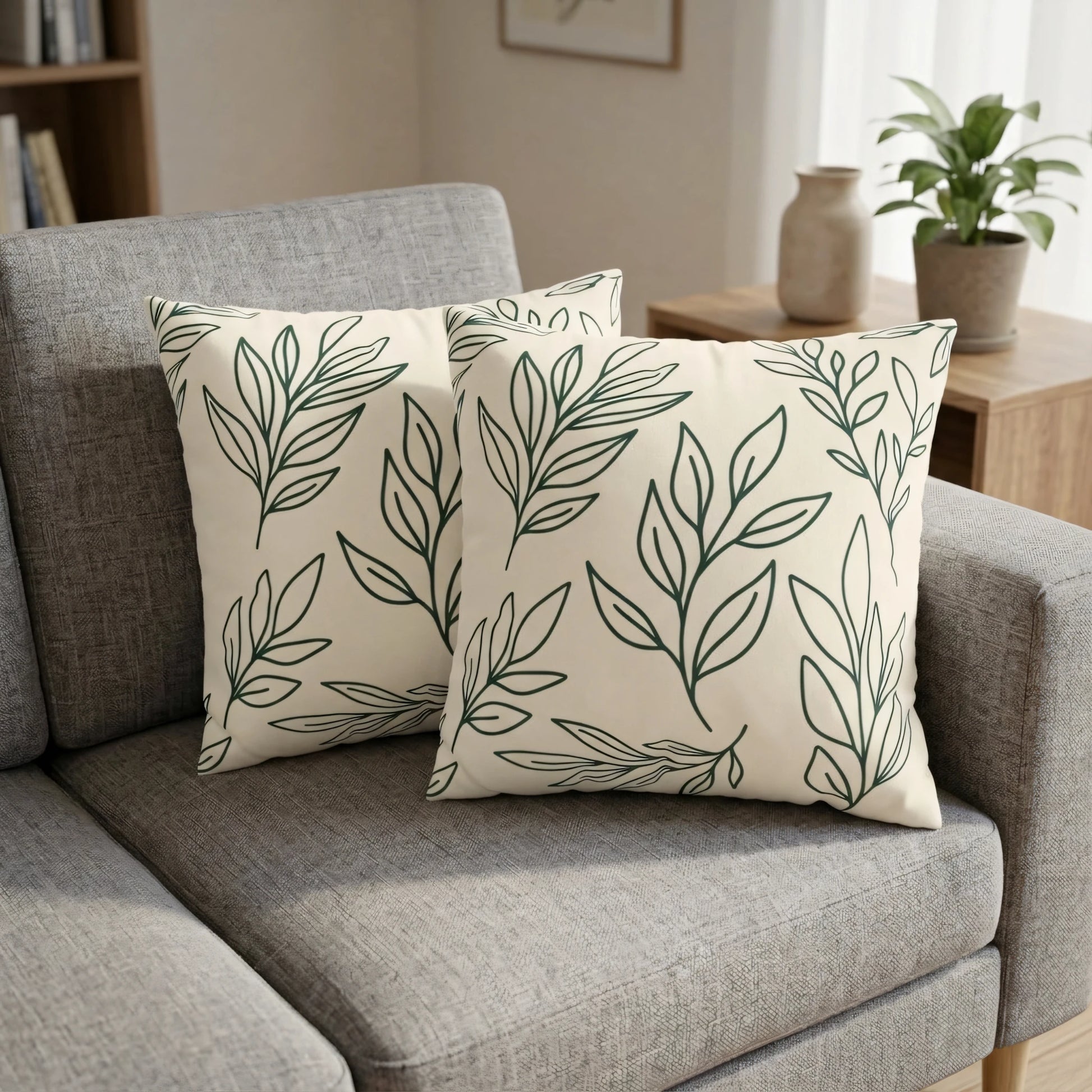 Two cream cushions featuring dark green botanical leaf patterns on a grey fabric sofa in a cozy, modern living room setting.