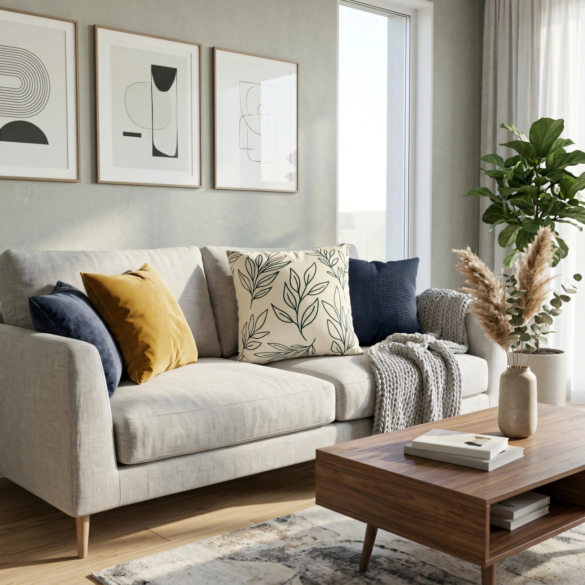 Cream cushion with green leaf line art on a gray sofa in a modern living room setting with a wooden coffee table and botanical wall art.