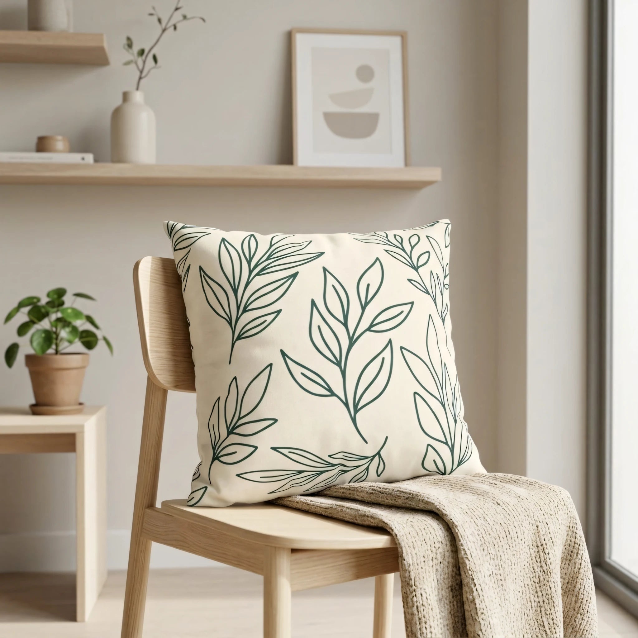 Cream throw pillow with green leaf line art on a light wood chair in a minimalist room with aesthetic shelves and a potted plant.