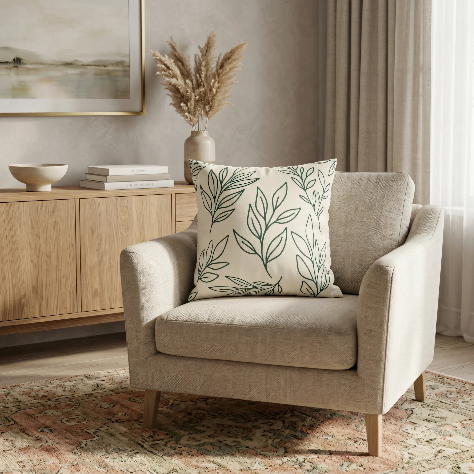 Cream throw pillow with green leaf pattern on a beige armchair in a cozy neutral living room with wooden furniture and a patterned rug.