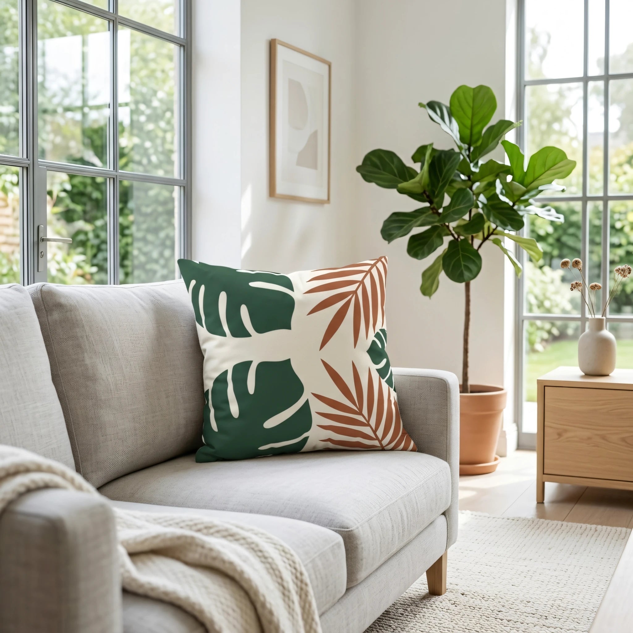 Botanical throw pillow with green monstera and terracotta palm patterns on a grey sofa in a bright, modern living room with a large window.