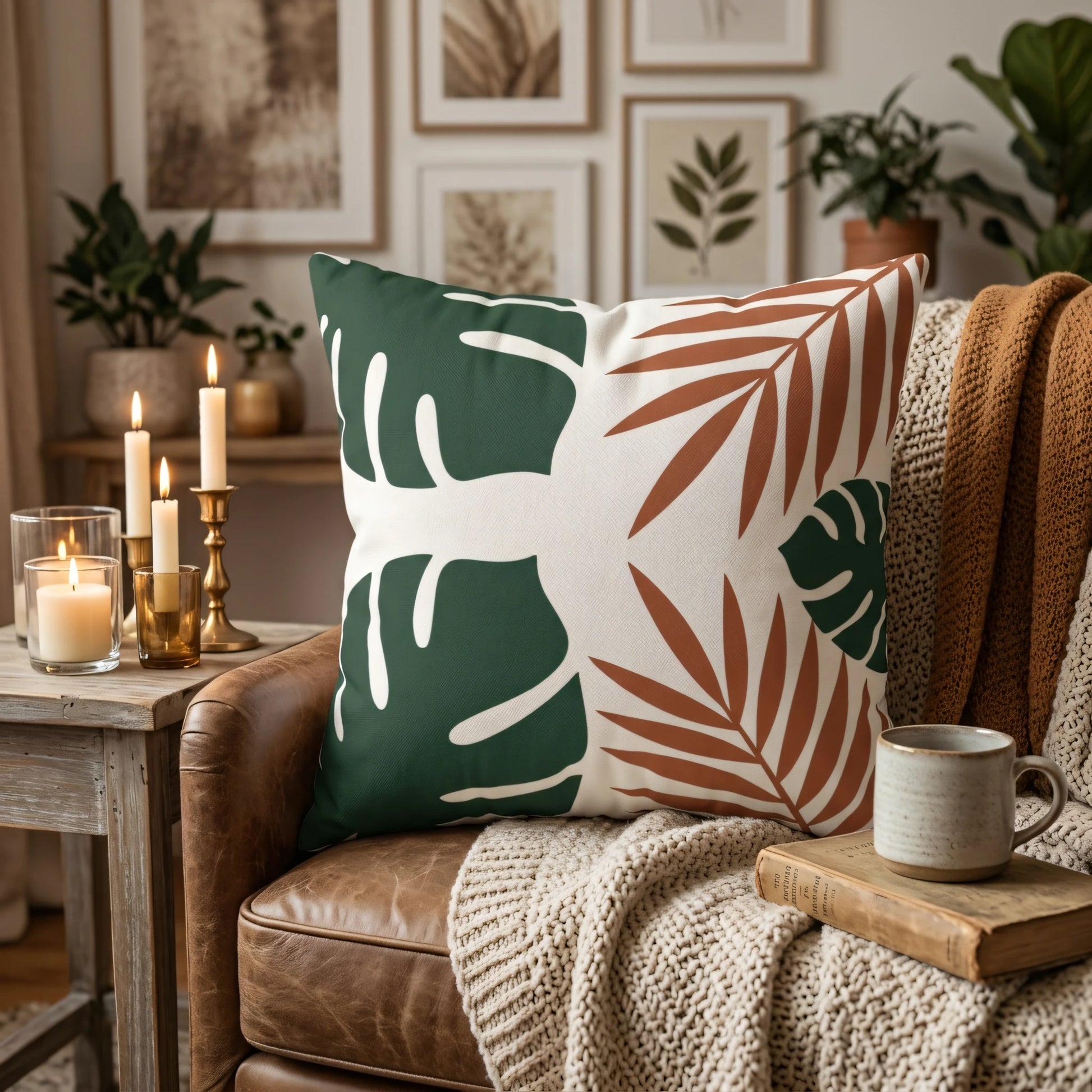 Green monstera and terracotta leaf pattern throw pillow on a leather chair in a cozy living room setting with candles and knit blankets.