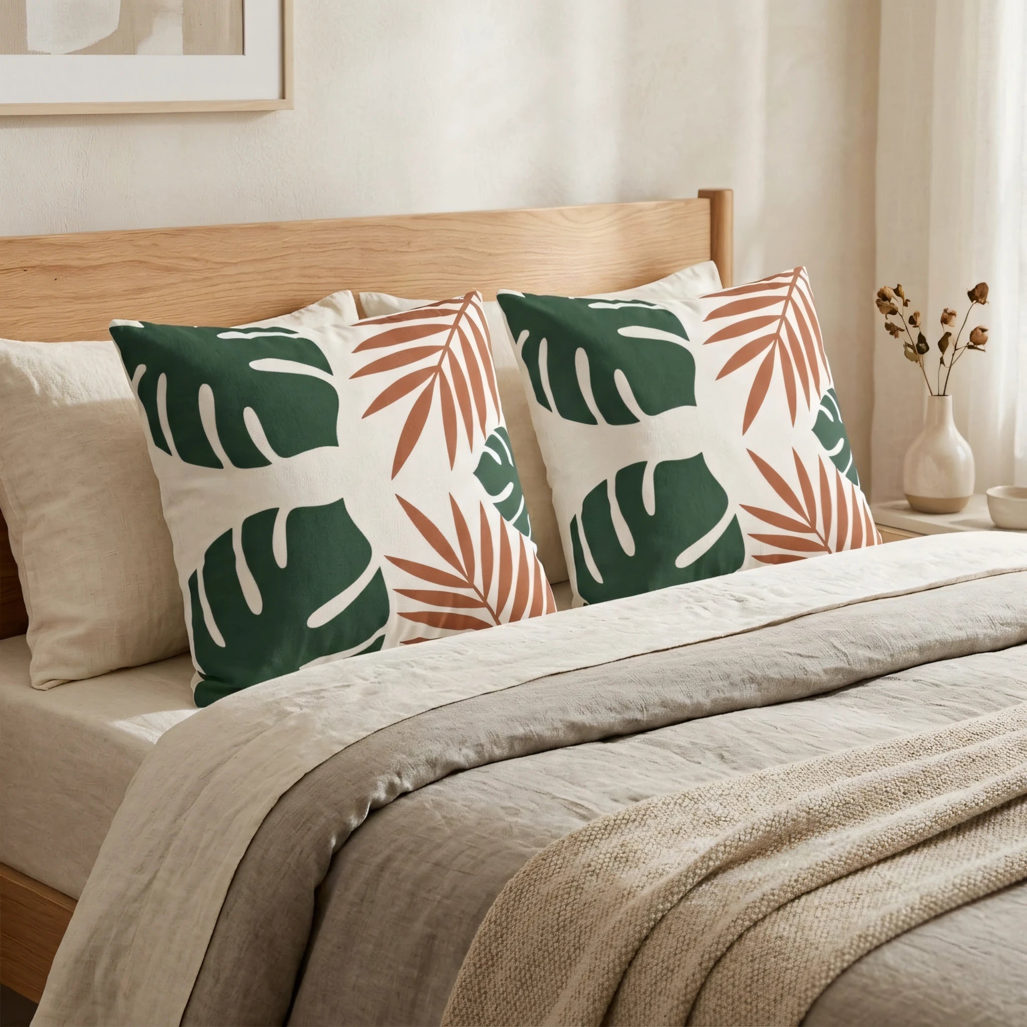 Pair of tropical leaf print cushions with green monstera and rust palm designs on a bed with neutral linens and a wooden headboard.