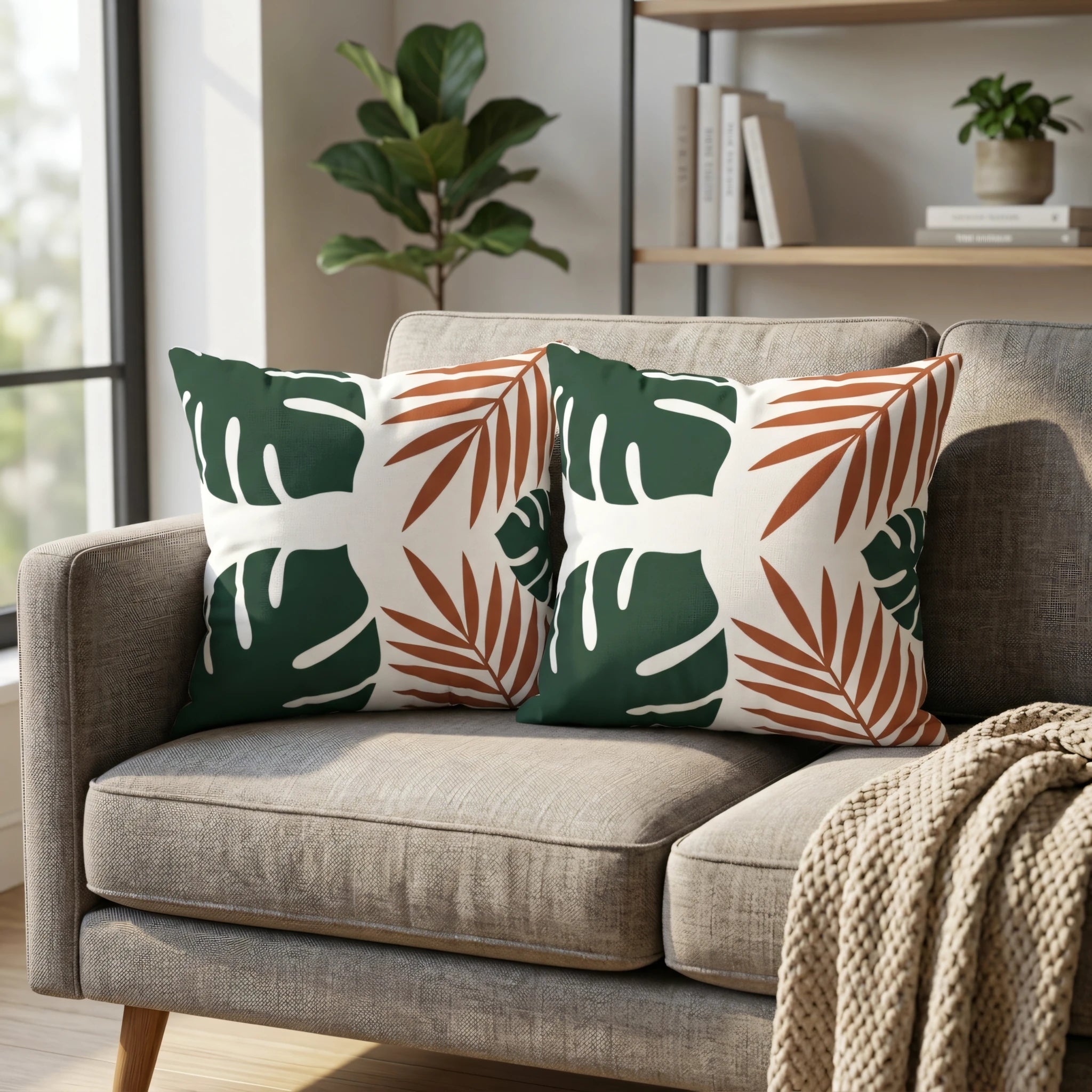 Modern throw pillows with dark green monstera and rust orange leaf prints on a grey fabric sofa, styled in a bright home interior.
