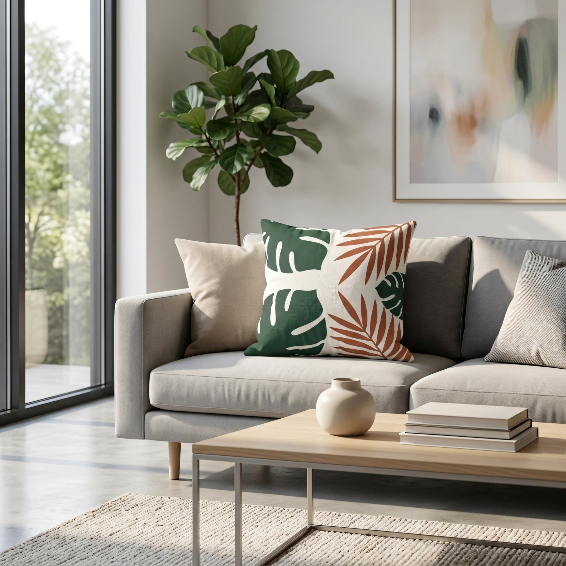 Tropical monstera and palm leaf pattern cushion in green and terracotta on a light gray sofa in a bright modern living room setting.