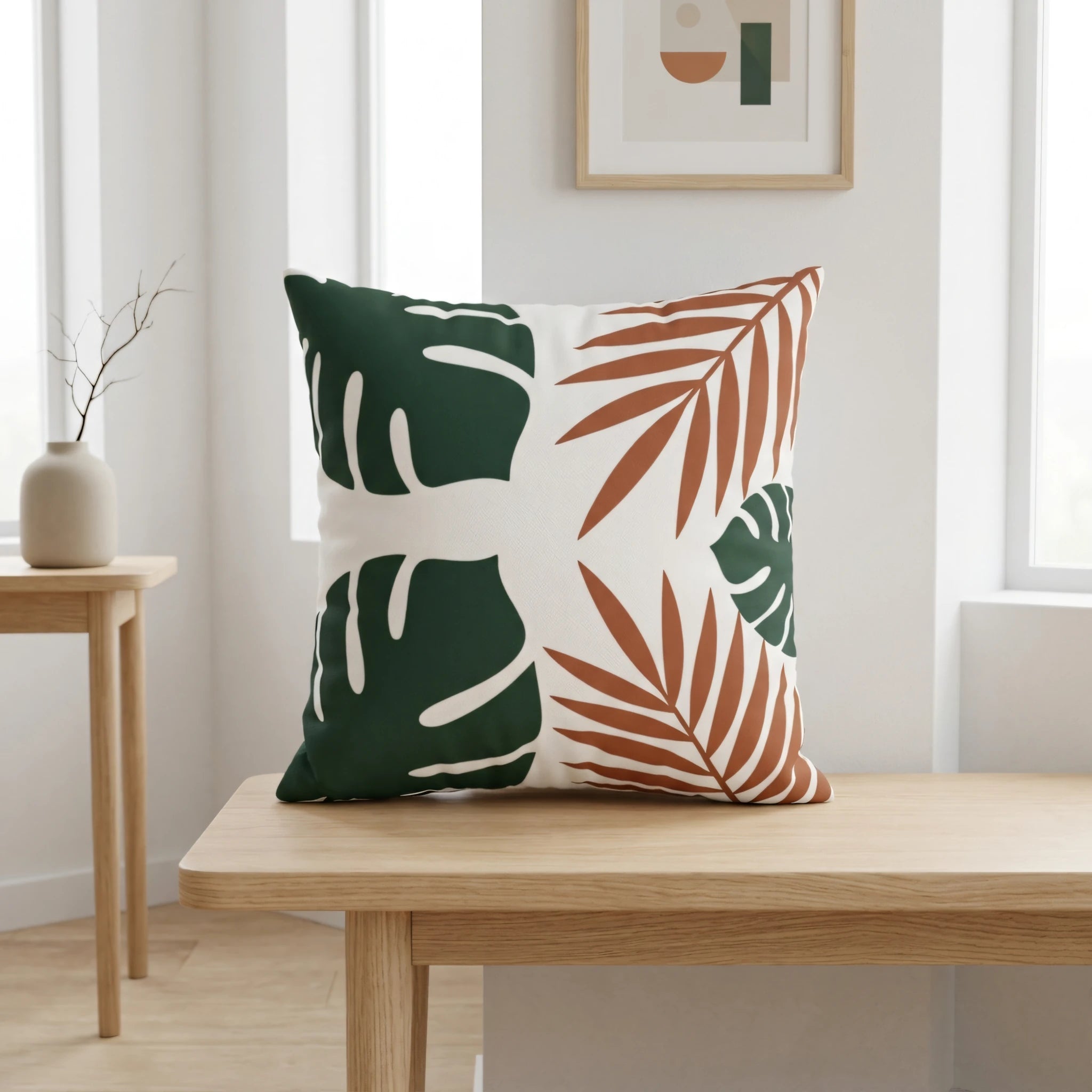 Decorative cushion with green monstera and terracotta palm leaf patterns on a wooden bench in a minimalist, bright room interior.