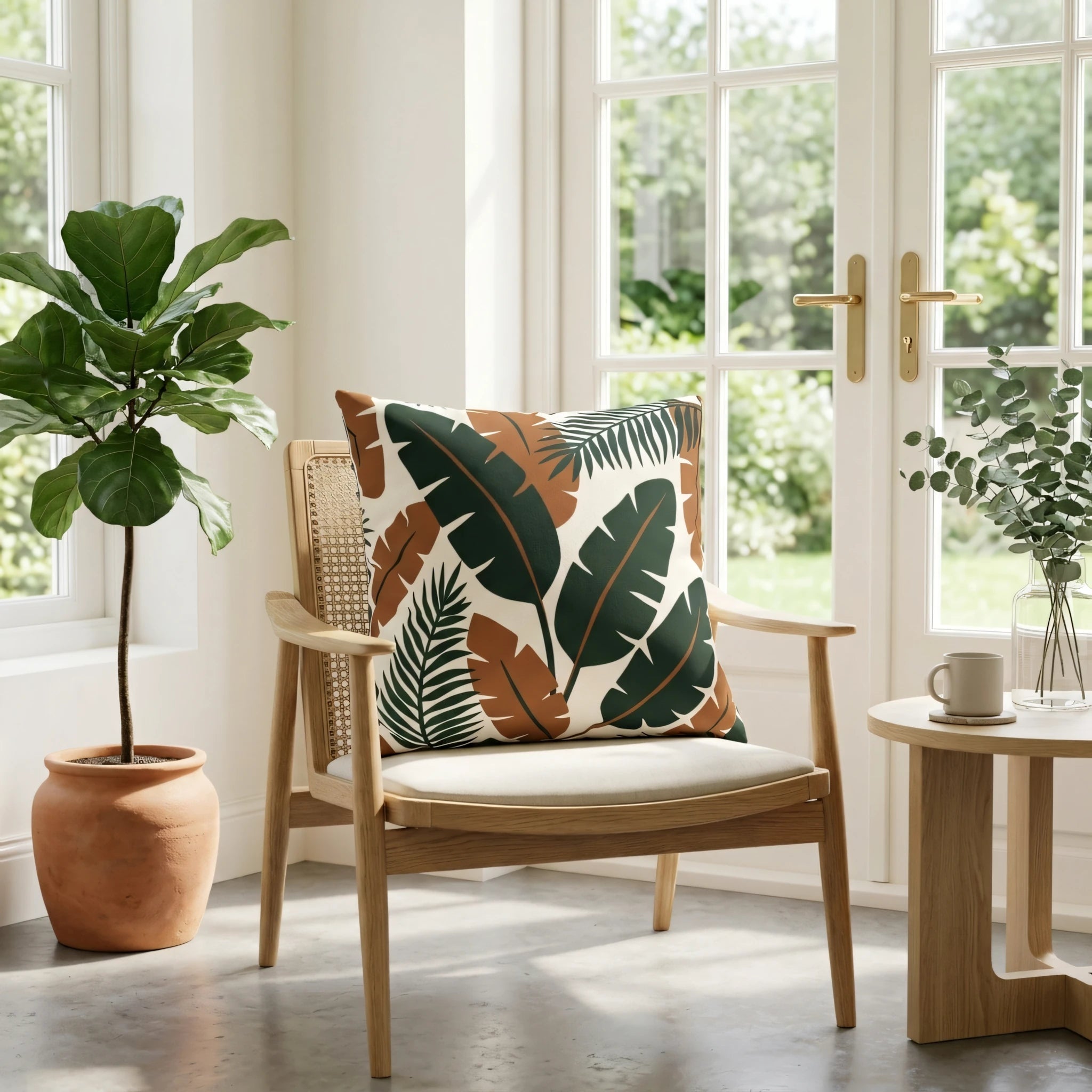 Tropical throw pillow with green and rust orange leaf patterns on a wooden armchair in a bright room with a fiddle-leaf fig plant and sunlit doors.