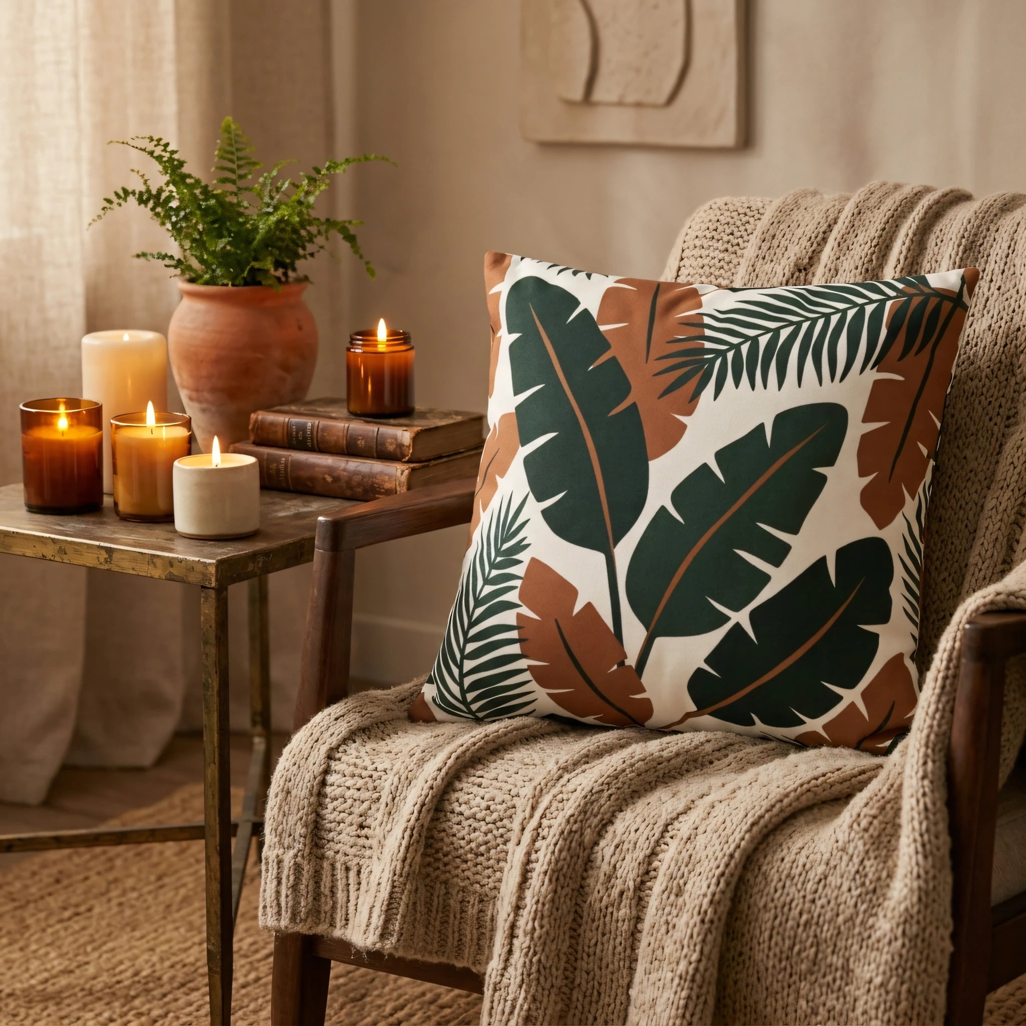 Tropical leaf pattern pillow with green and terracotta leaves on a cozy armchair with a knit throw, surrounded by warm candles and old books.