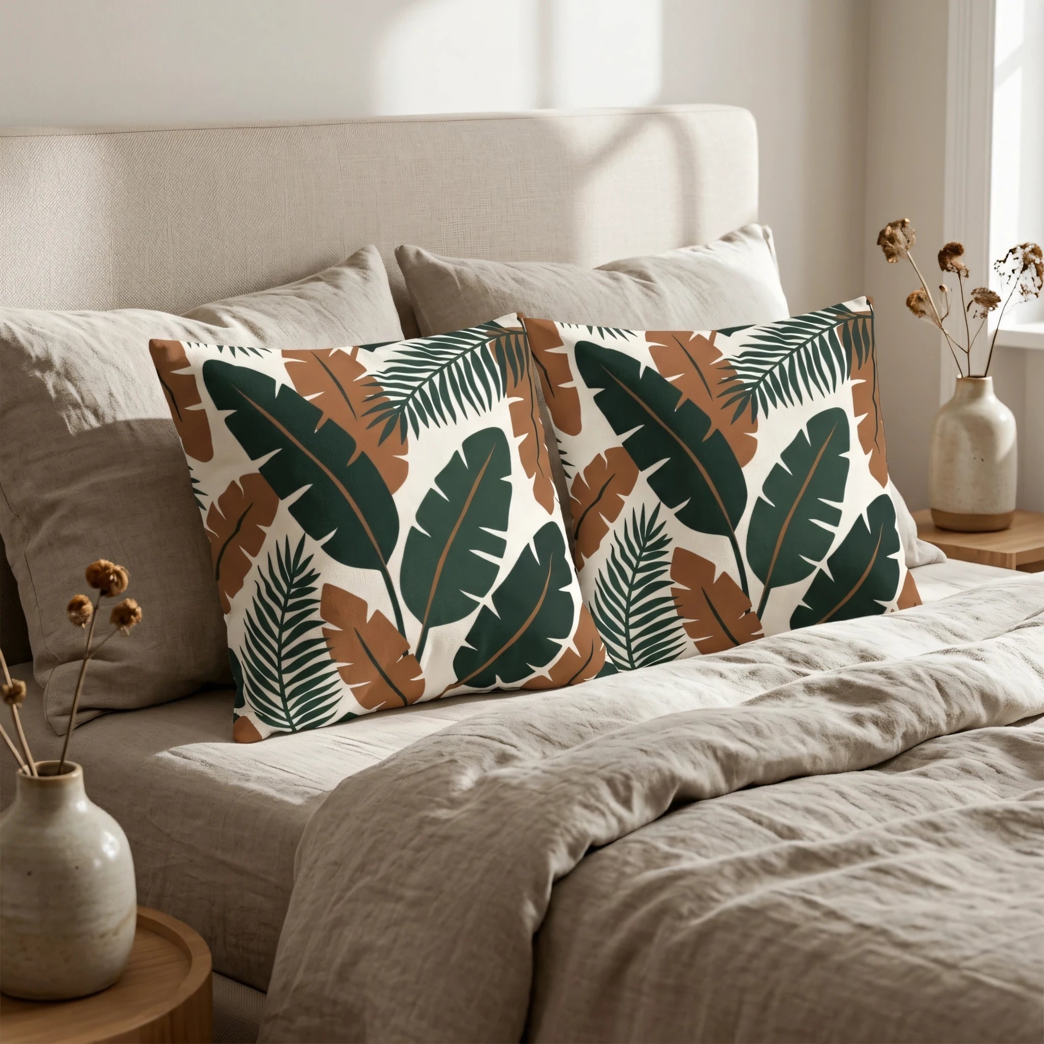Pair of tropical leaf print cushions in green and terracotta on a cozy bed with beige bedding and a minimalist bedroom decor.