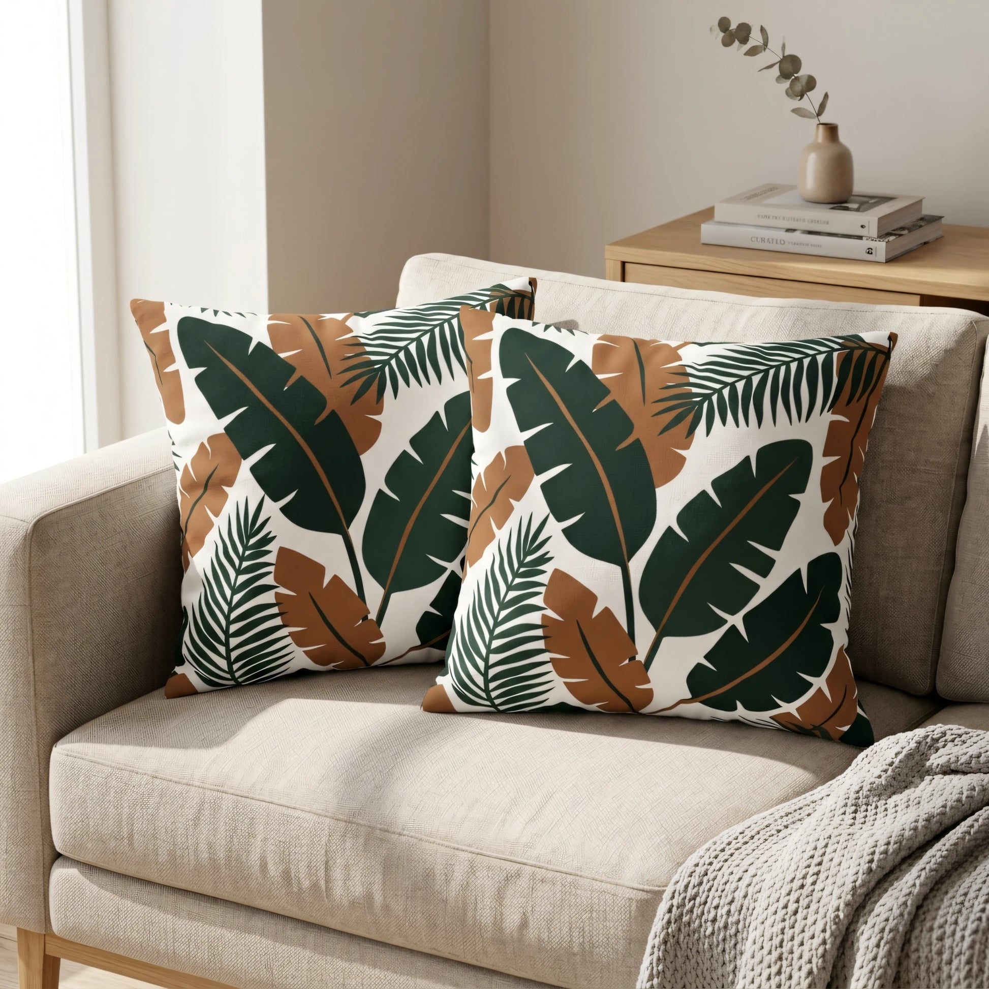 Two decorative pillows featuring a tropical leaf pattern in green and terracotta brown on a beige sofa in a stylish, minimalist living room.