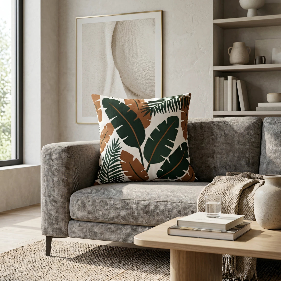Decorative tropical leaf cushion in green and terracotta on a grey sofa in a modern neutral living room setting.