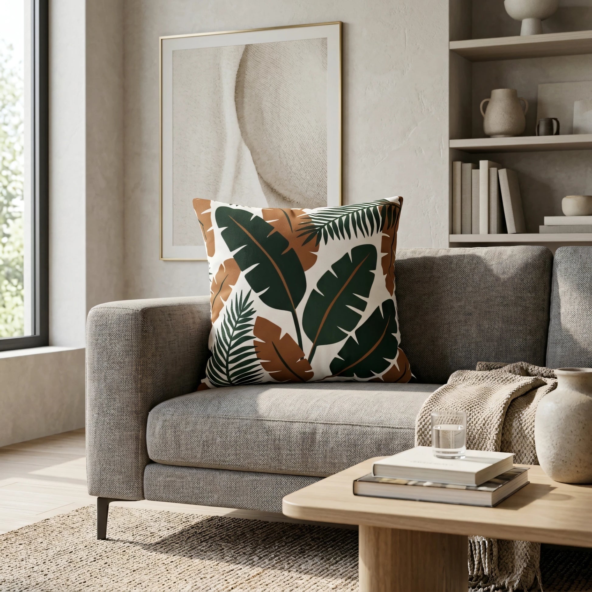 Decorative tropical leaf cushion in green and terracotta on a grey sofa in a modern neutral living room setting.