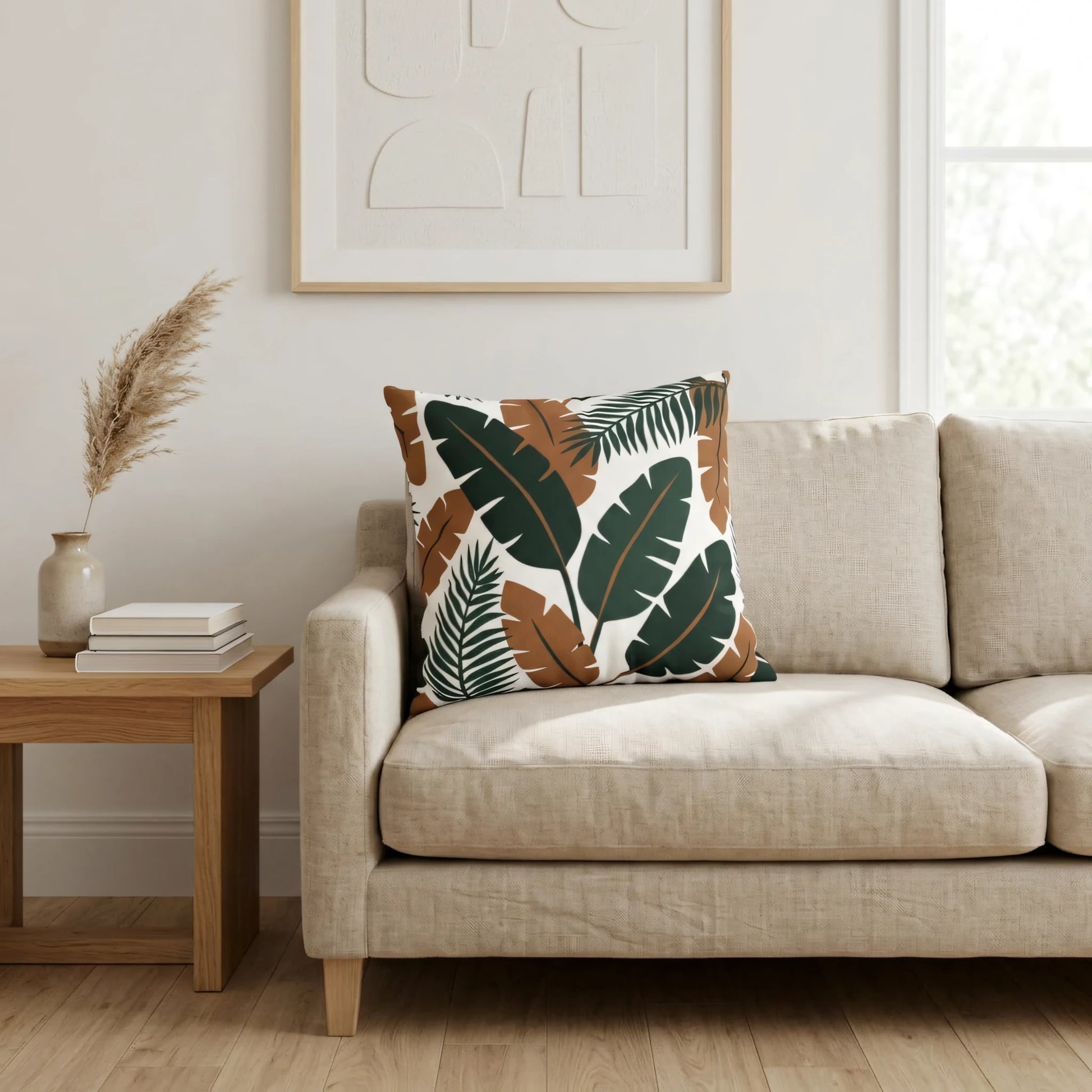 Green and brown tropical leaf print cushion on a neutral linen sofa in a minimalist living room with wooden accents and pampas grass.