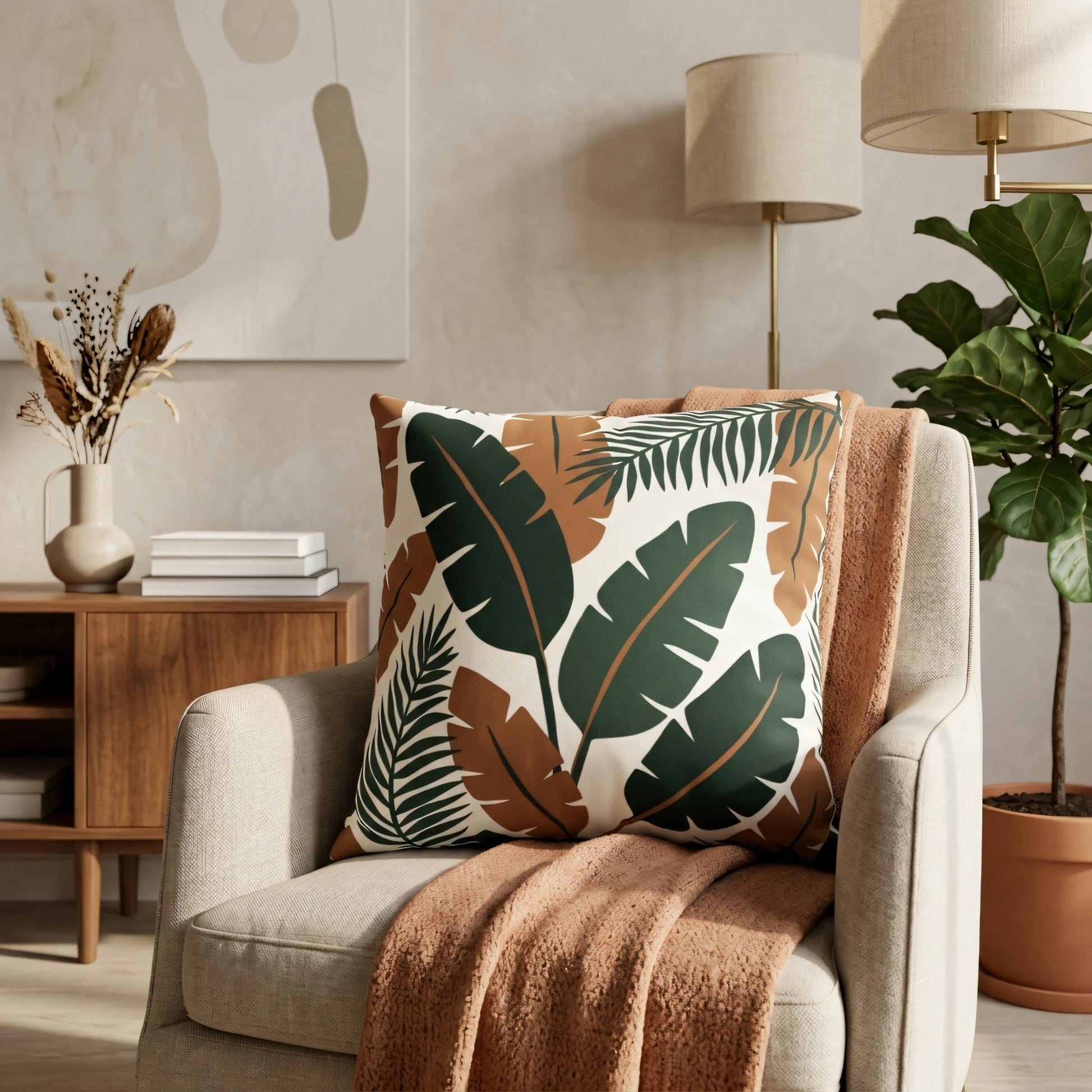 Tropical green and terracotta leaf pattern cushion on a cream armchair in a cozy living room setting with a warm throw and indoor plants.