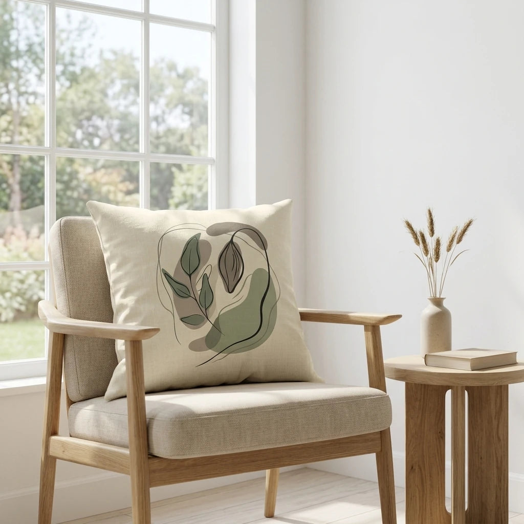 Abstract botanical throw pillow featuring green and brown organic patterns on a wooden armchair in a bright room near a large window.