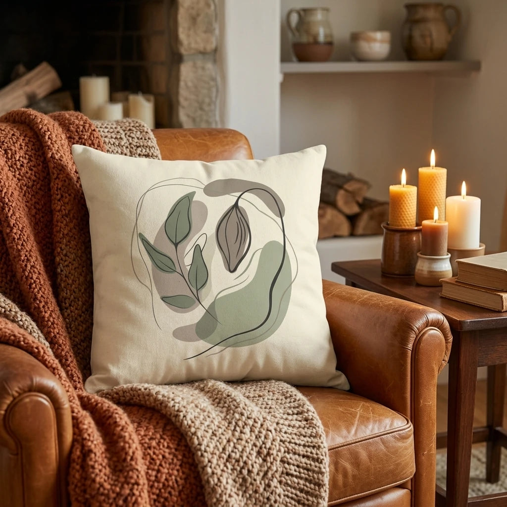 Abstract botanical art throw pillow on a leather chair with a knit blanket and lit candles in a cozy, warm rustic living room.