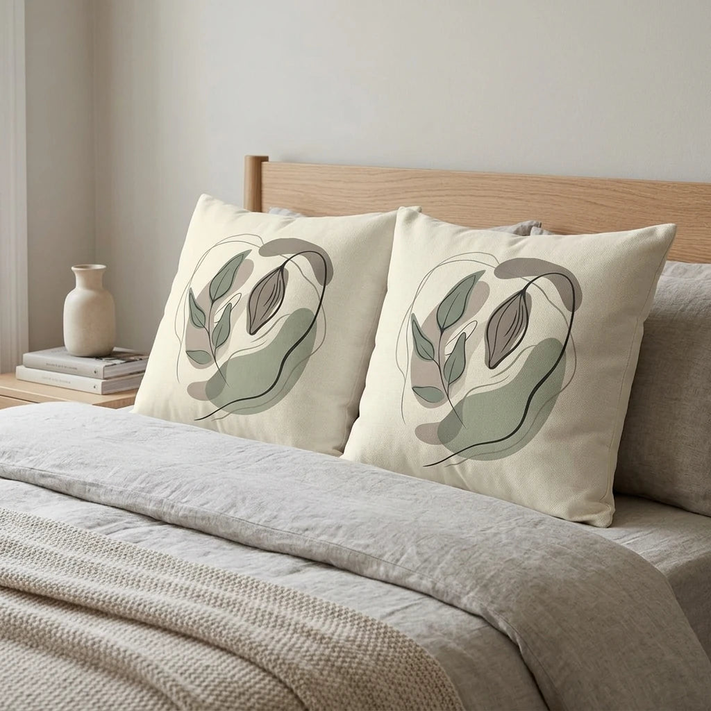 Two abstract botanical cushions in sage and rose on a wooden bed with minimalist grey linen bedding and a neutral knit throw blanket.