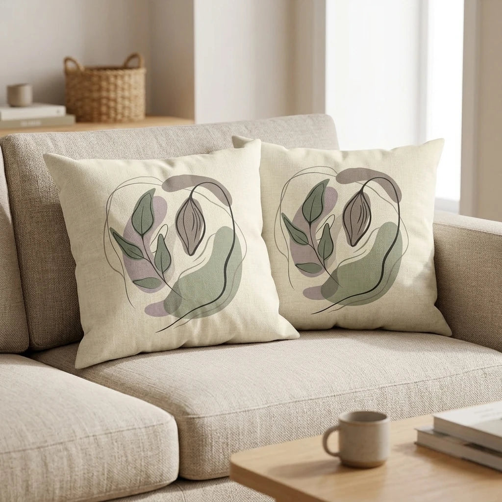 Two throw pillows featuring abstract botanical line art in green and mauve, styled on a neutral sofa in a minimalist living room setting.