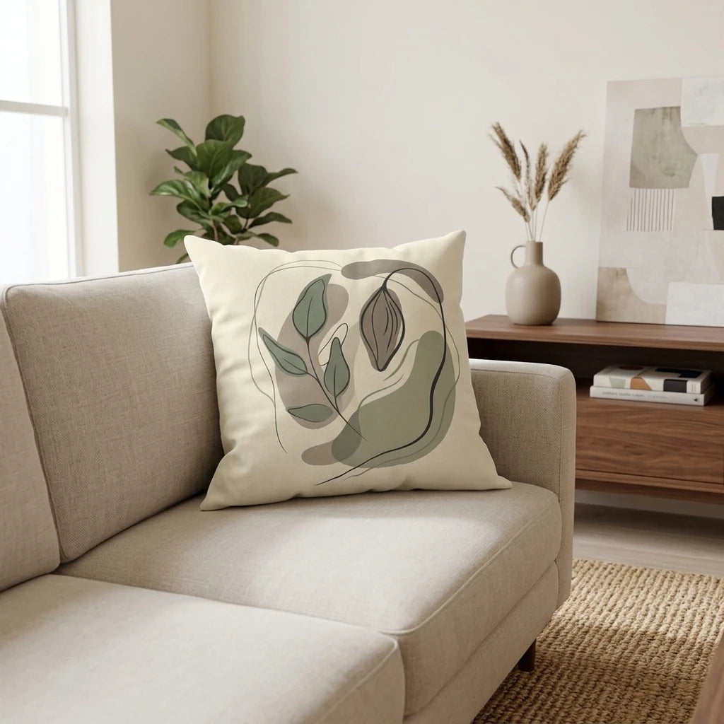 Abstract botanical print cushion with green leaves on a modern beige sofa in a minimalist living room, featuring earthy tones and wooden decor.