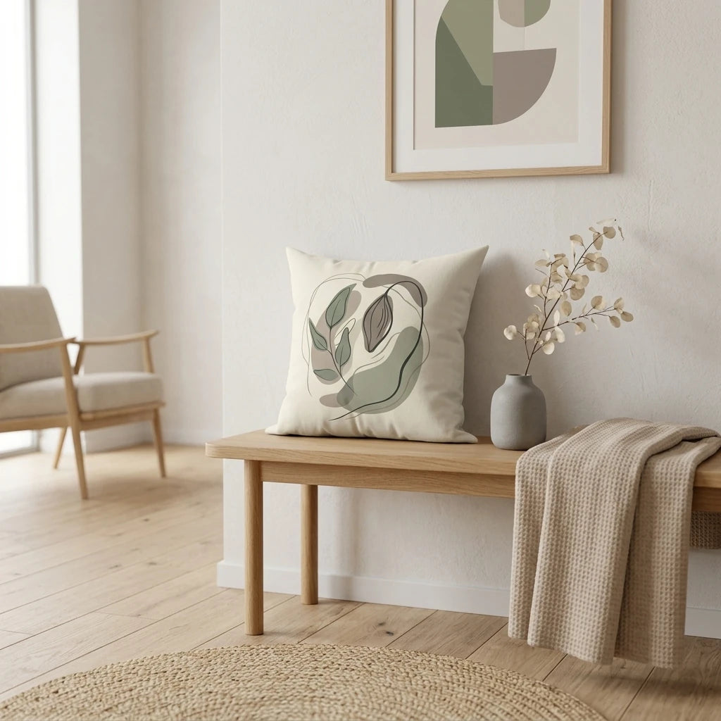 Minimalist cushion with abstract botanical art on a wooden bench in a bright neutral room with a beige throw blanket and light wood floors.