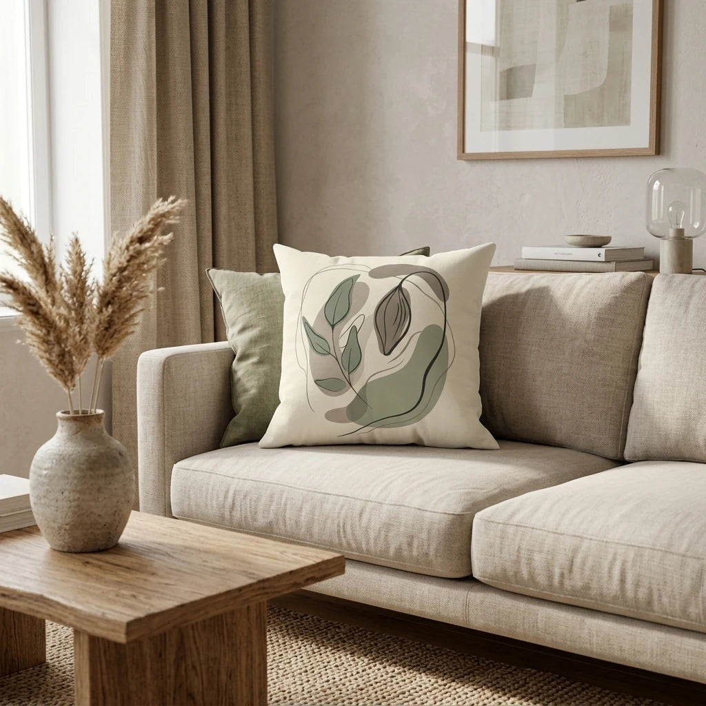 Square pillow with minimalist leaf line art in sage and taupe, displayed on a beige couch in a Japandi style living room with pampas grass.
