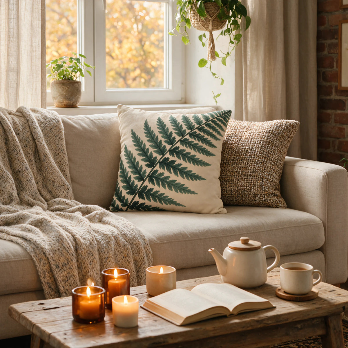Veridian Pinnate Frond Cushion, lifestyle view.