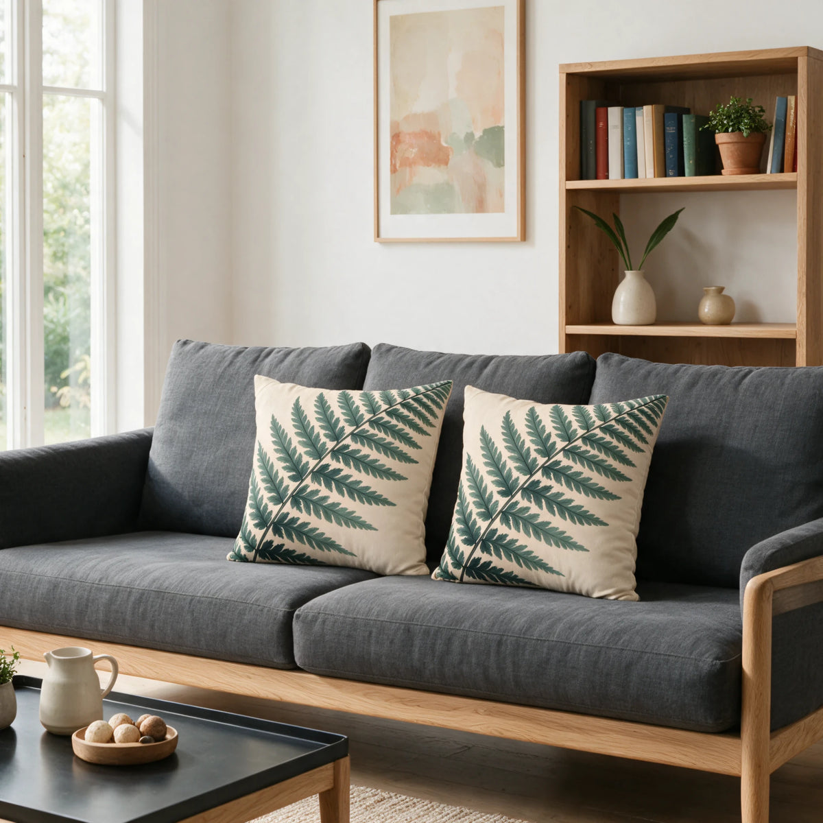 Veridian Pinnate Frond Cushion, lifestyle view.