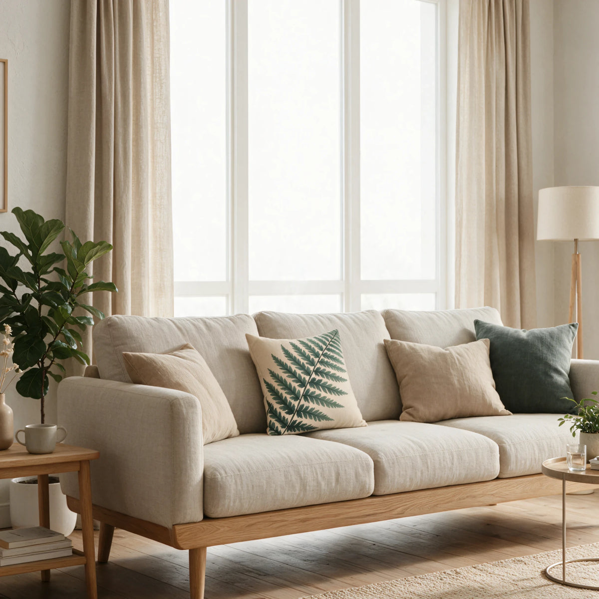 Veridian Pinnate Frond Cushion, lifestyle view.