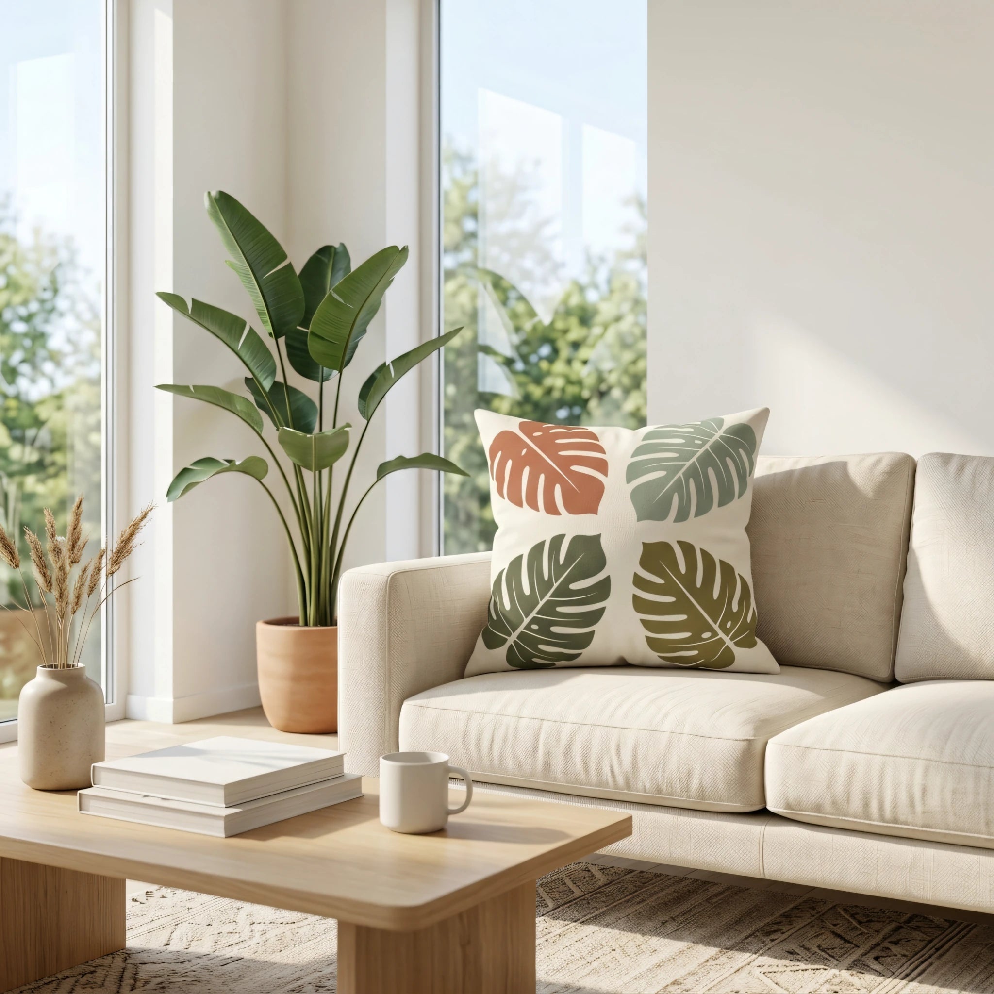 Monstera leaf print cushion in earthy tones on a beige sofa in a bright modern living room with a wooden table and indoor plant.