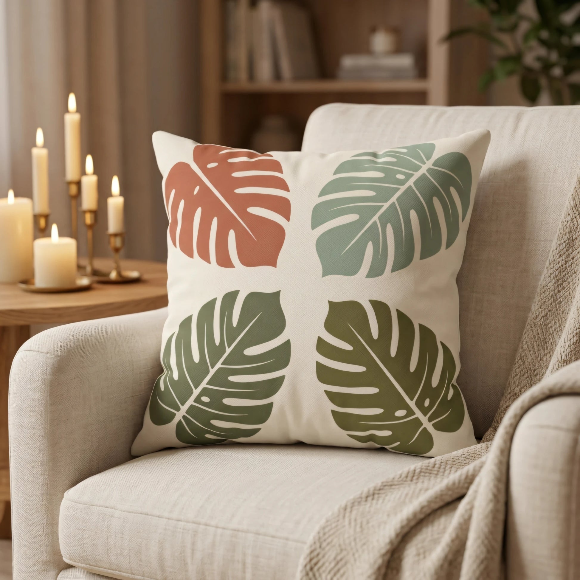 Cream decorative cushion with rust and green monstera leaves on a beige armchair in a cozy living room with lit candles.