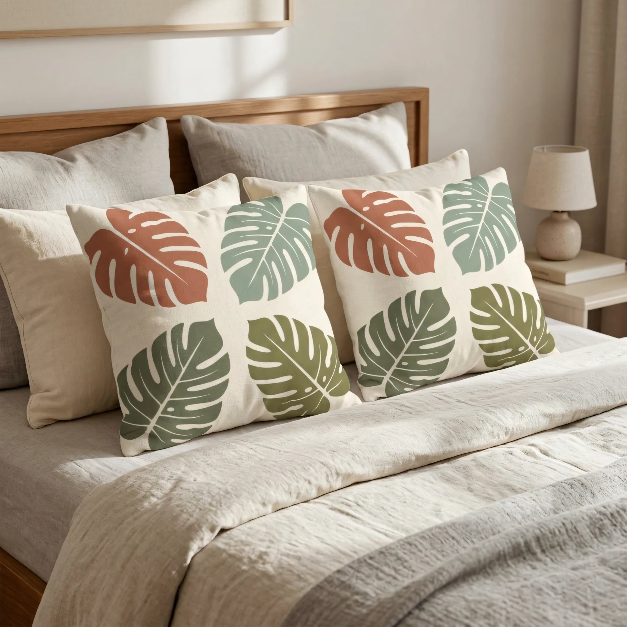 Two decorative cushions with earthy terracotta and green monstera leaf patterns on a cozy bed with a wooden headboard in a sunlit bedroom.