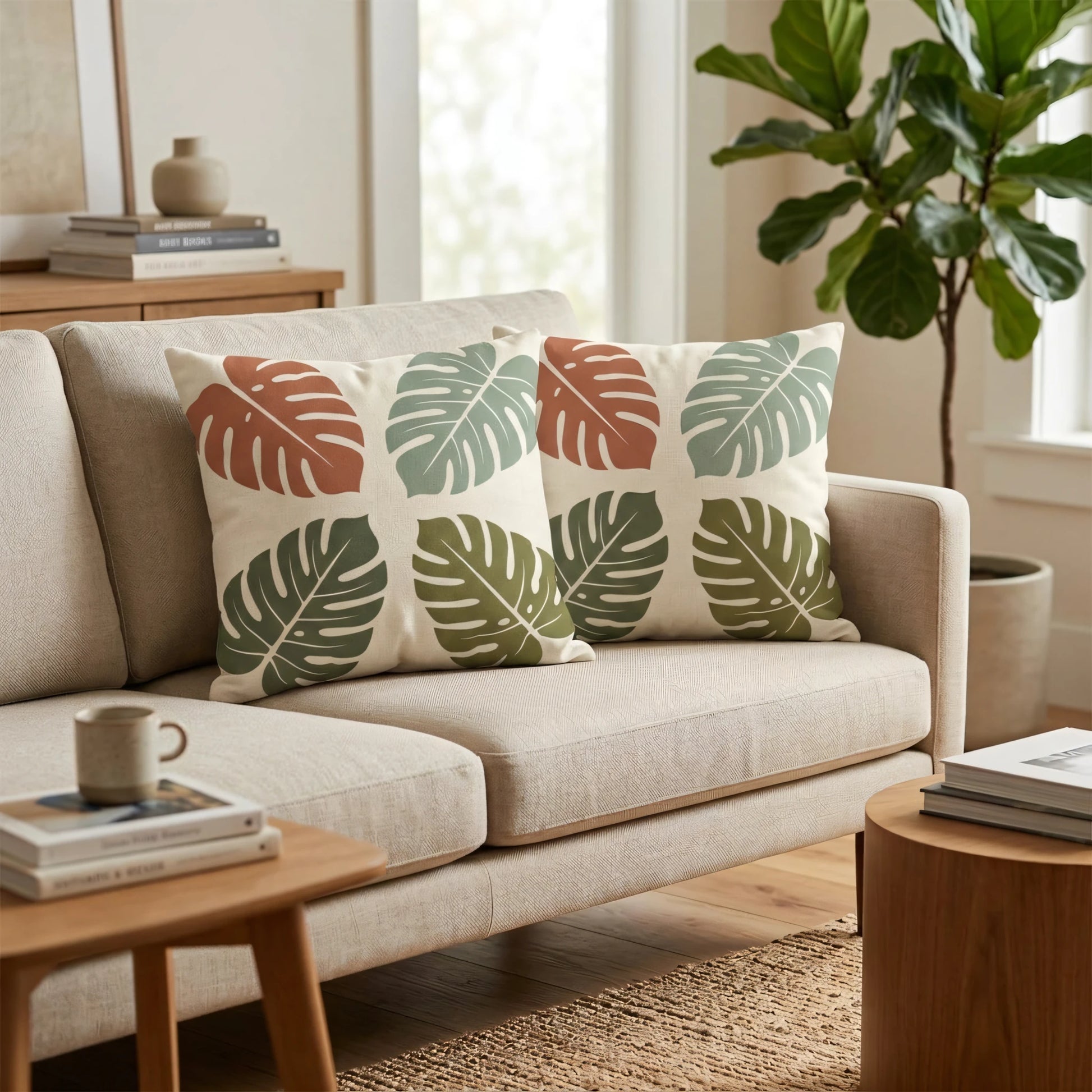 Two decorative cushions with a monstera leaf pattern in rust and green colors on a neutral sofa in a bright, modern living room setting.