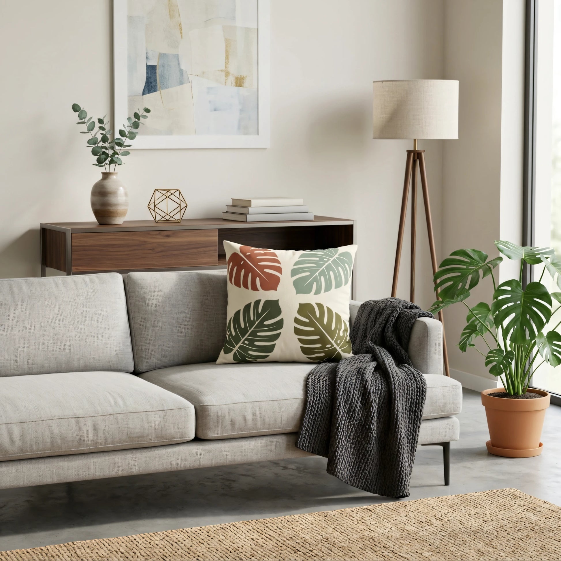 Decorative throw cushion with terracotta and green monstera leaf prints on a grey sofa in a modern minimalist living room lifestyle shot.