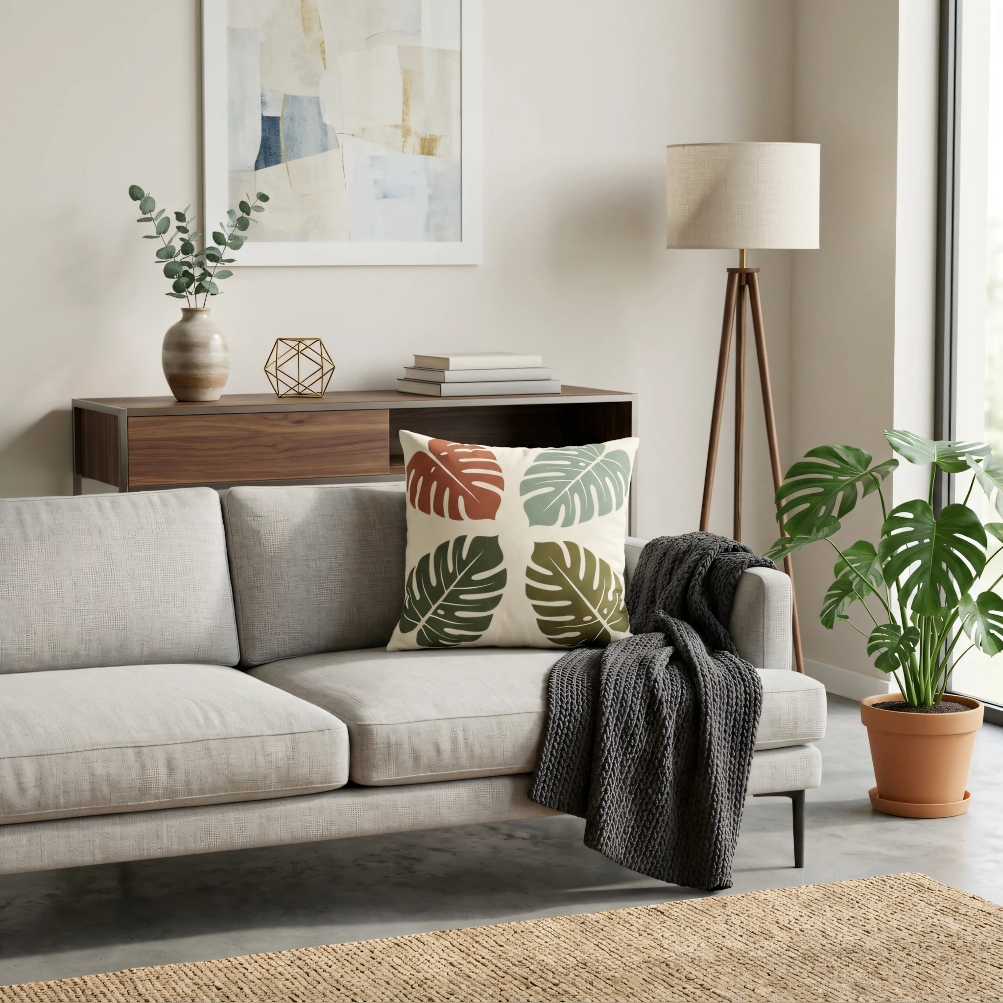 Decorative throw cushion with terracotta and green monstera leaf prints on a grey sofa in a modern minimalist living room lifestyle shot.