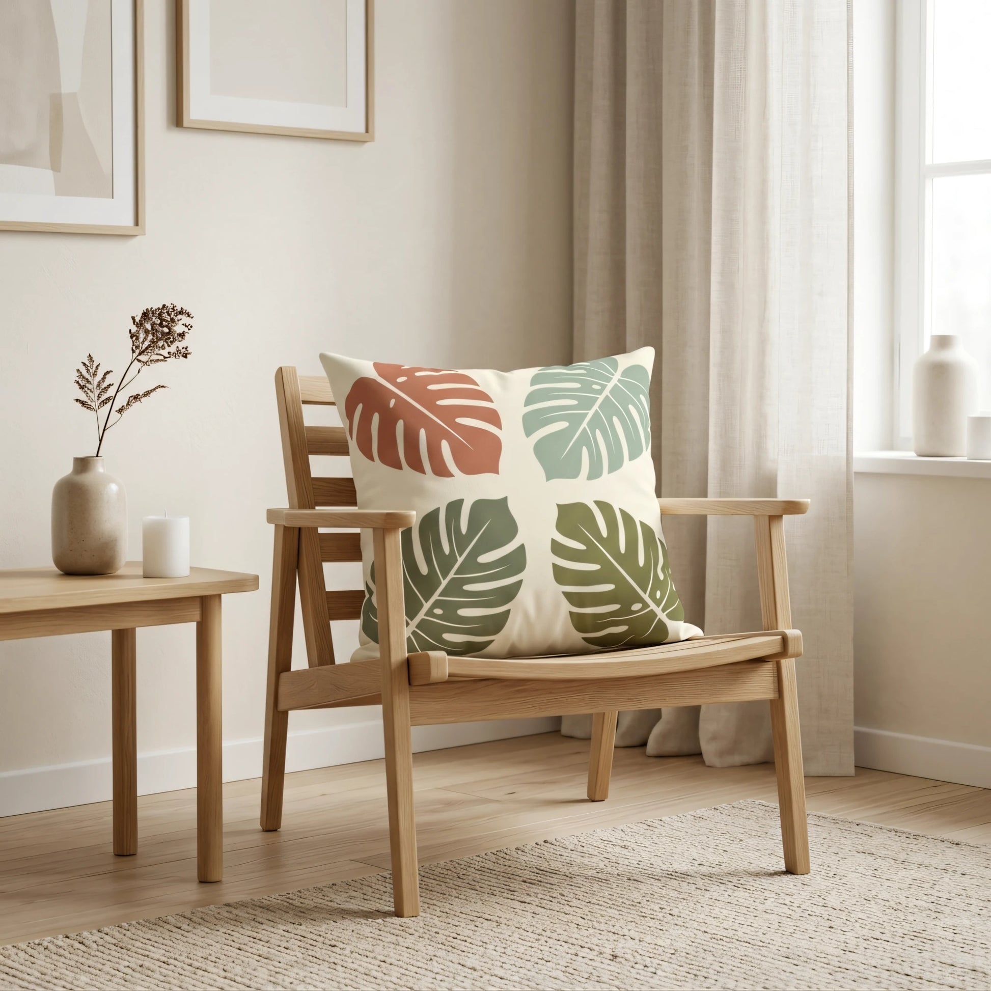 Decorative throw pillow with a colorful monstera leaf pattern on a wooden armchair in a bright minimalist room with neutral decor.