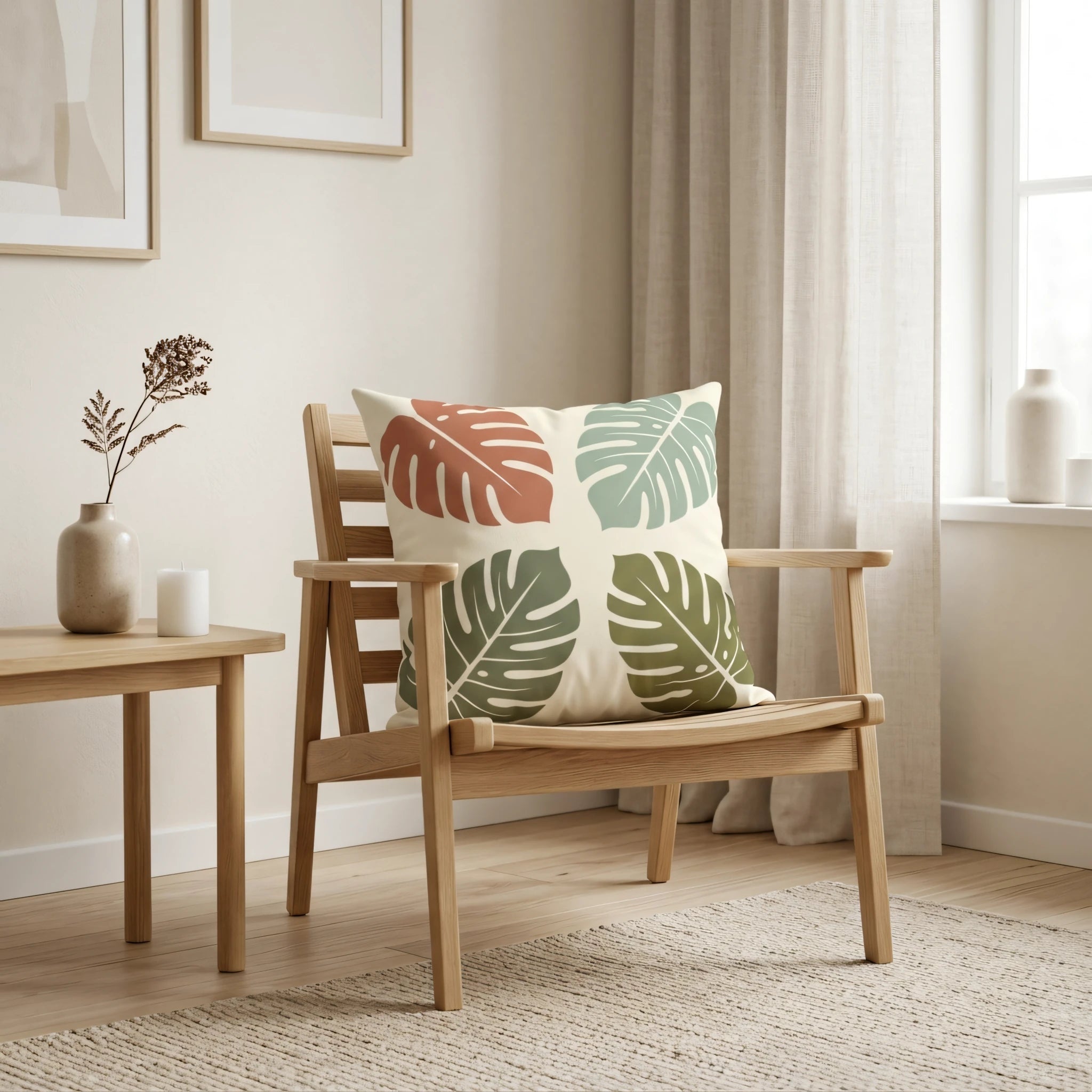 Decorative throw pillow with a colorful monstera leaf pattern on a wooden armchair in a bright minimalist room with neutral decor.