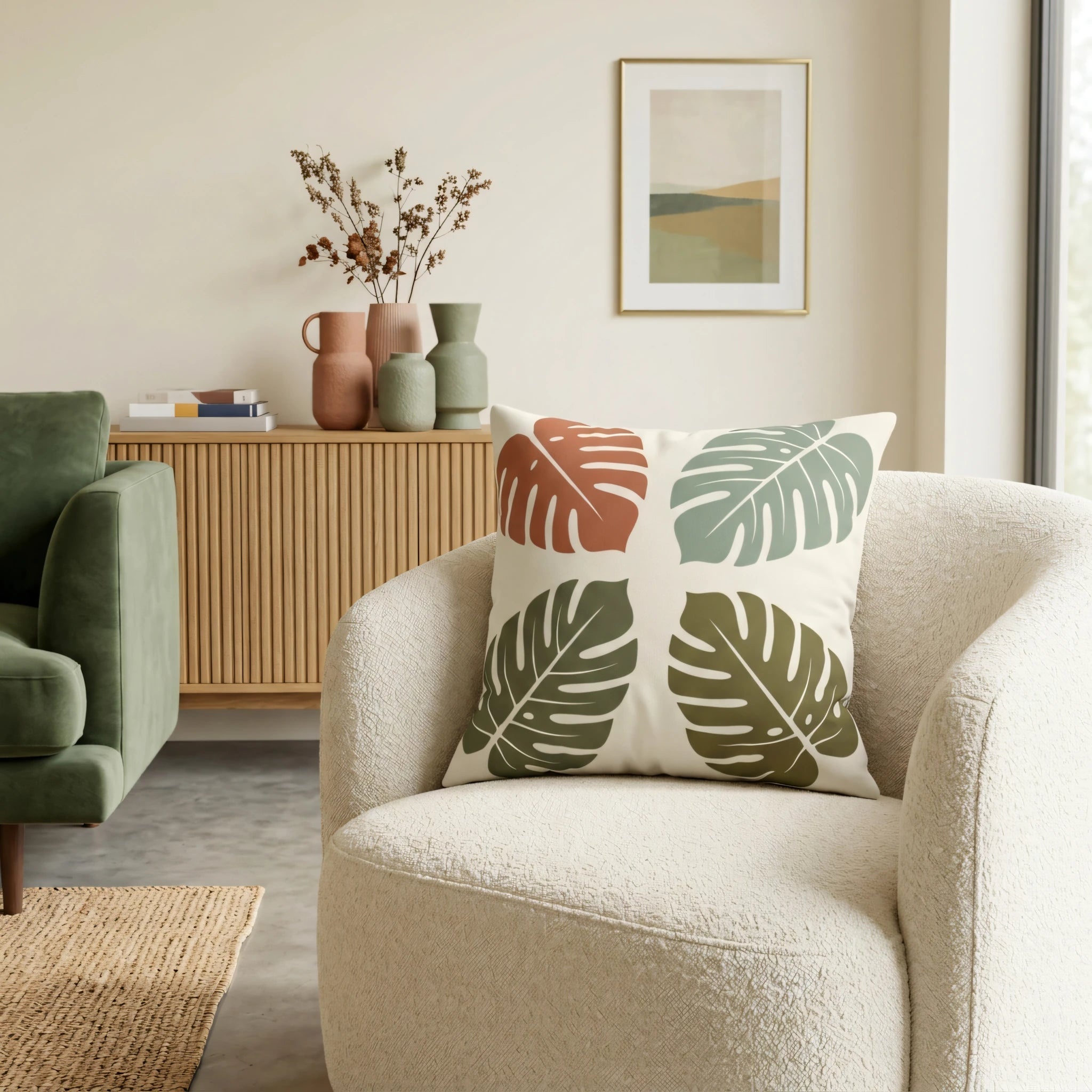 Monstera leaf print throw pillow in earth tones on a white boucle armchair in a modern living room with a wooden sideboard and green sofa.