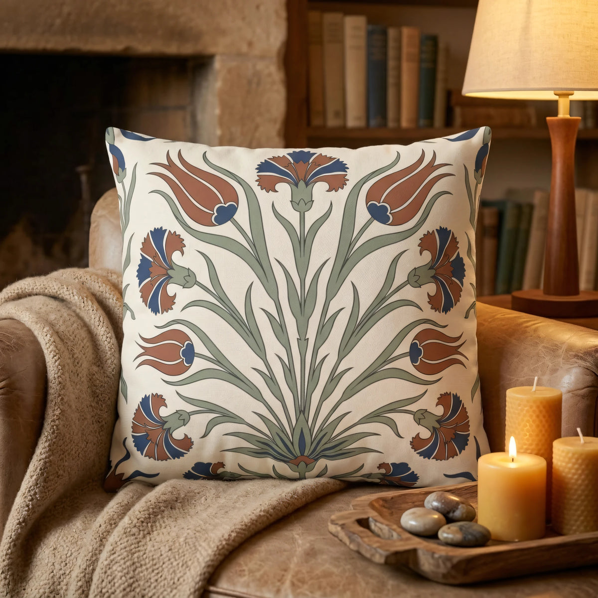 Iznik Tulip Cushion Cover, lifestyle view.