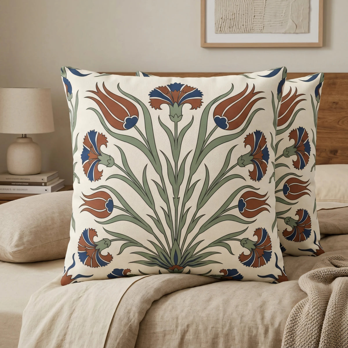 Iznik Tulip Cushion Cover, lifestyle view.