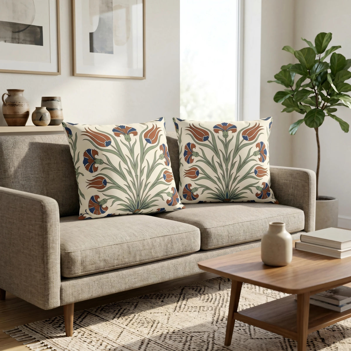 Iznik Tulip Cushion Cover, lifestyle view.